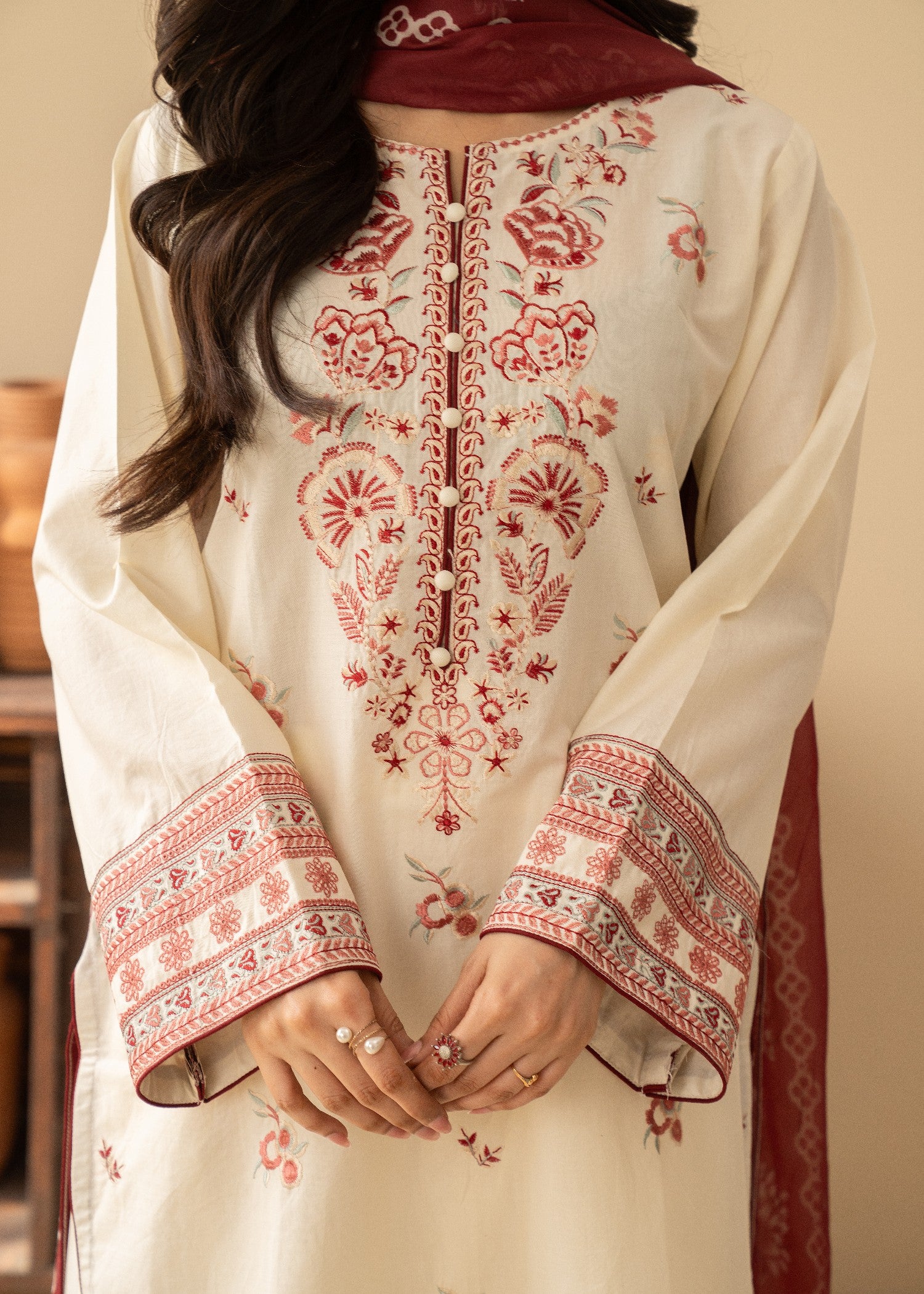 lawn cotton Kurta Set in Ivory