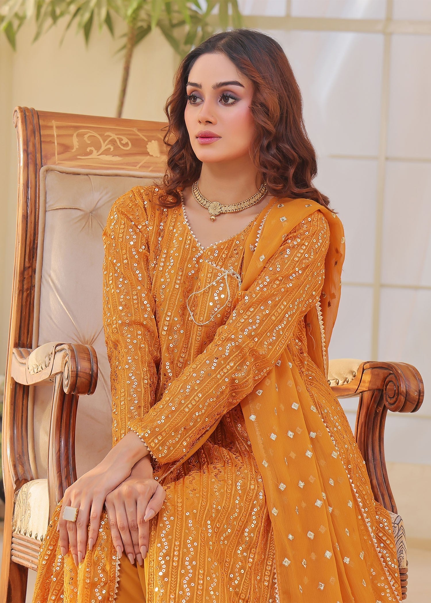 chiffon Angrakha in Mustard
