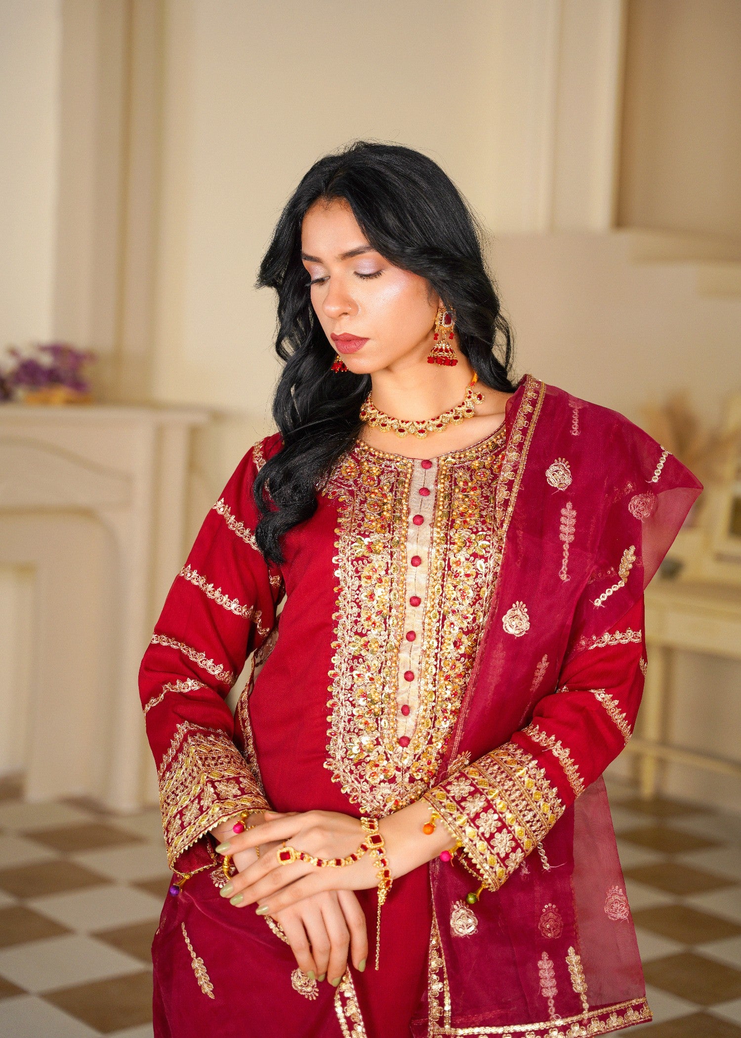 chiffon Sharara in Gold, cherry red