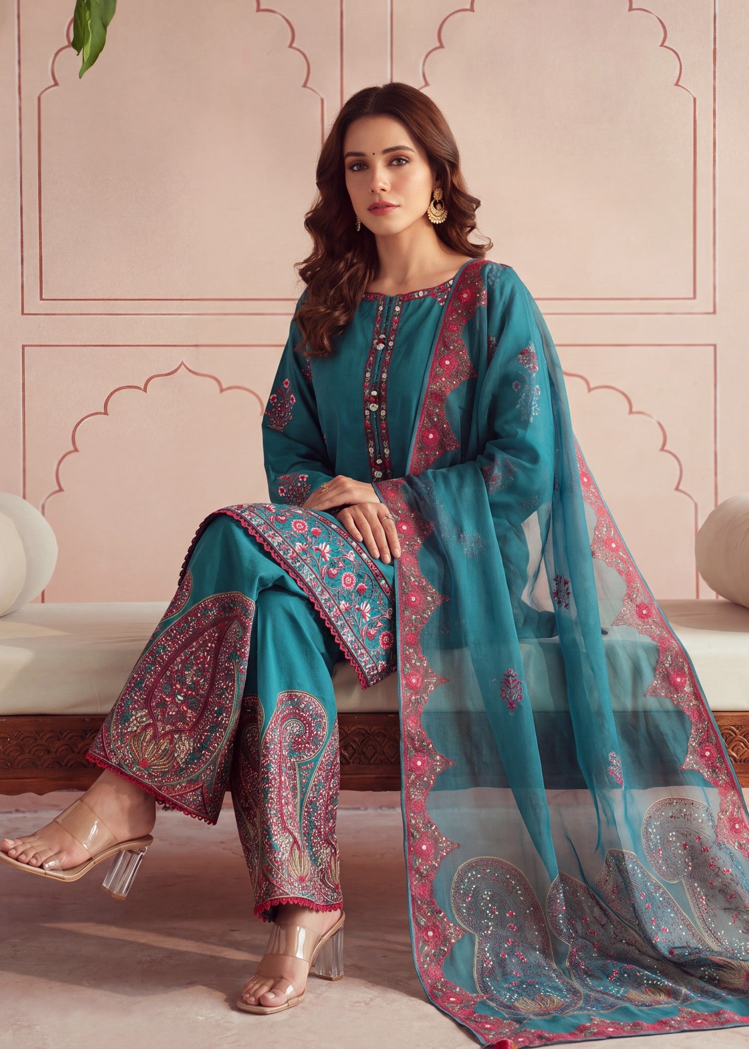 lawn Kurta Set in Teal, dark cyan