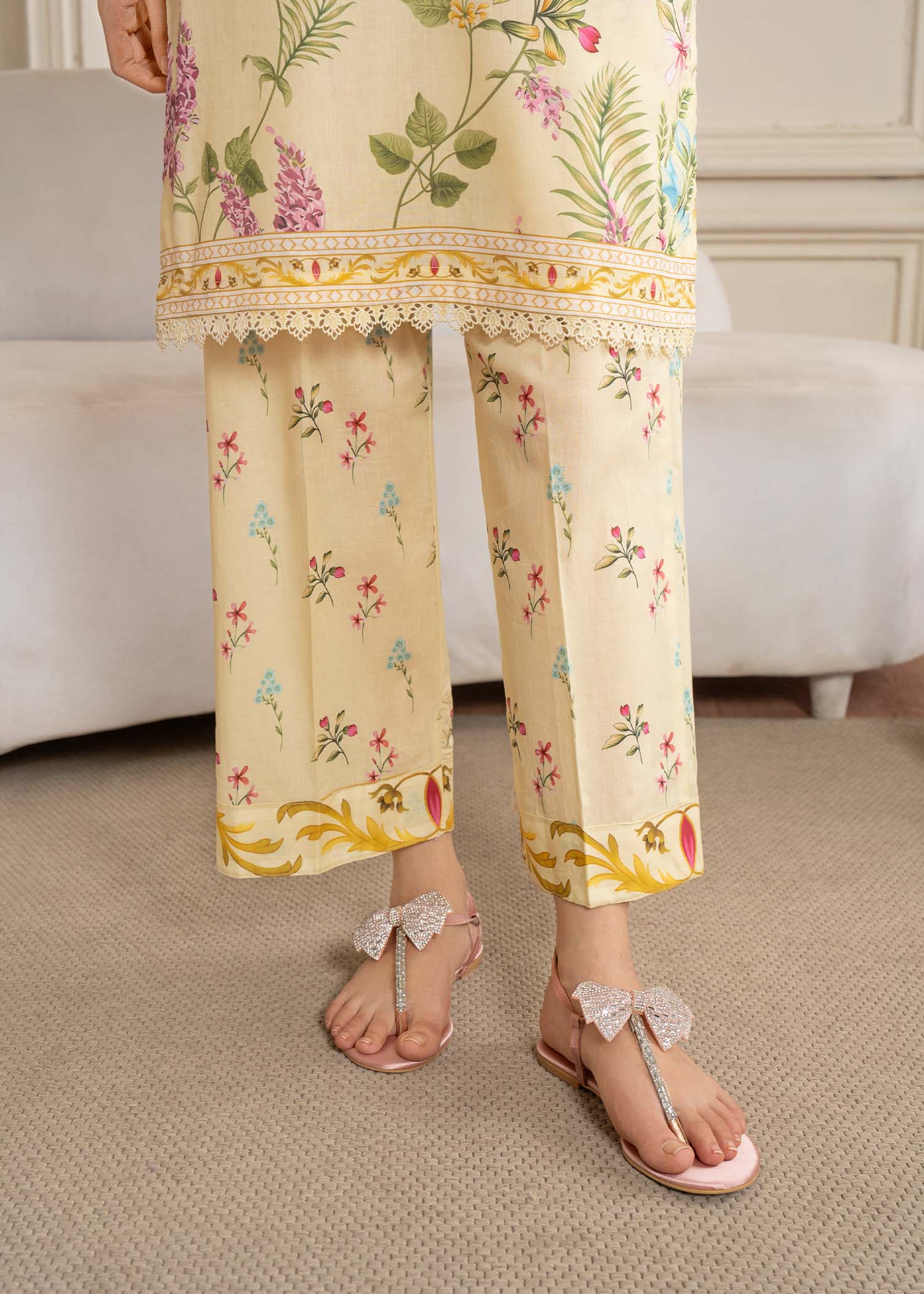 silk finish lawn Kurta Set in Light yellow