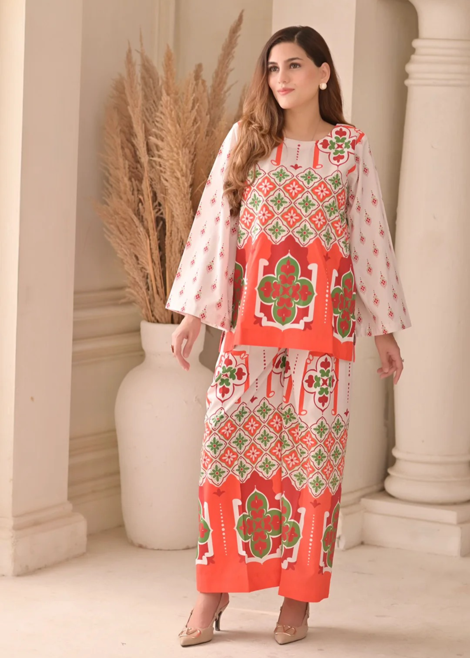 crepe Co ord Sets in Coral orange
