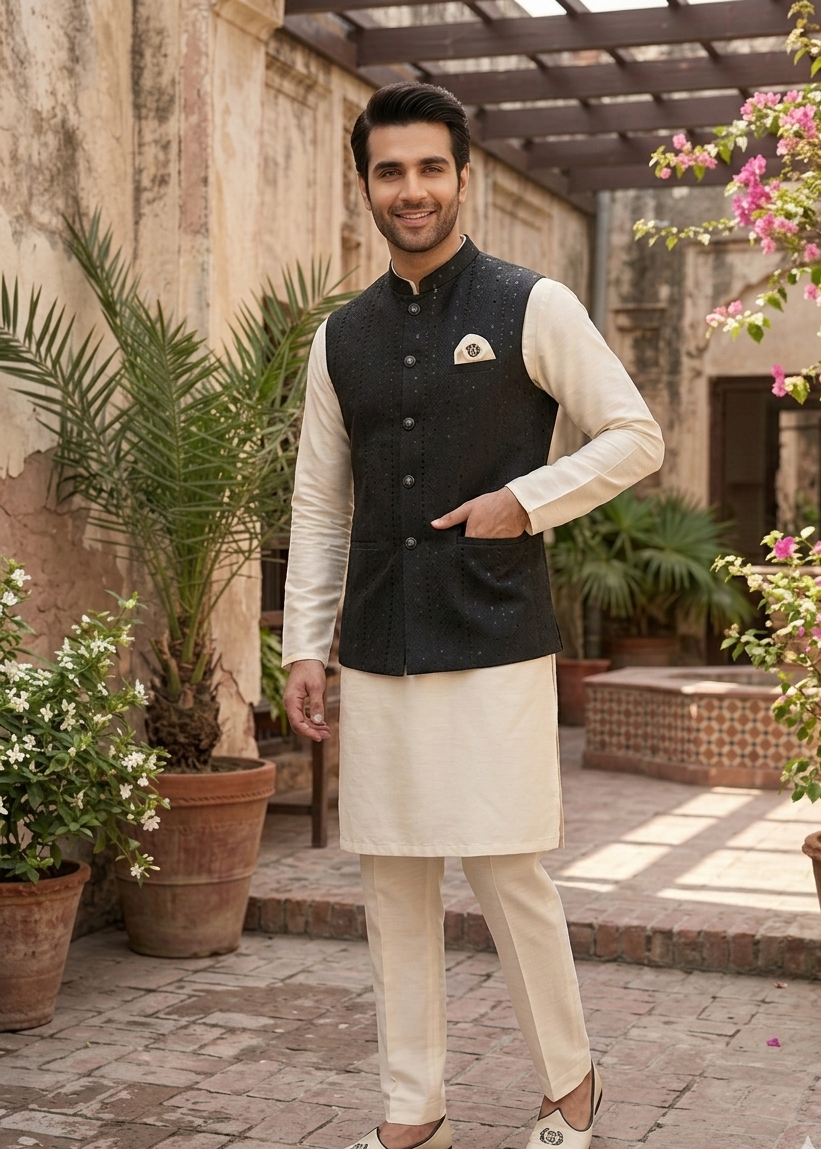 jamawar Waistcoat in Black by Dulha Fashion House