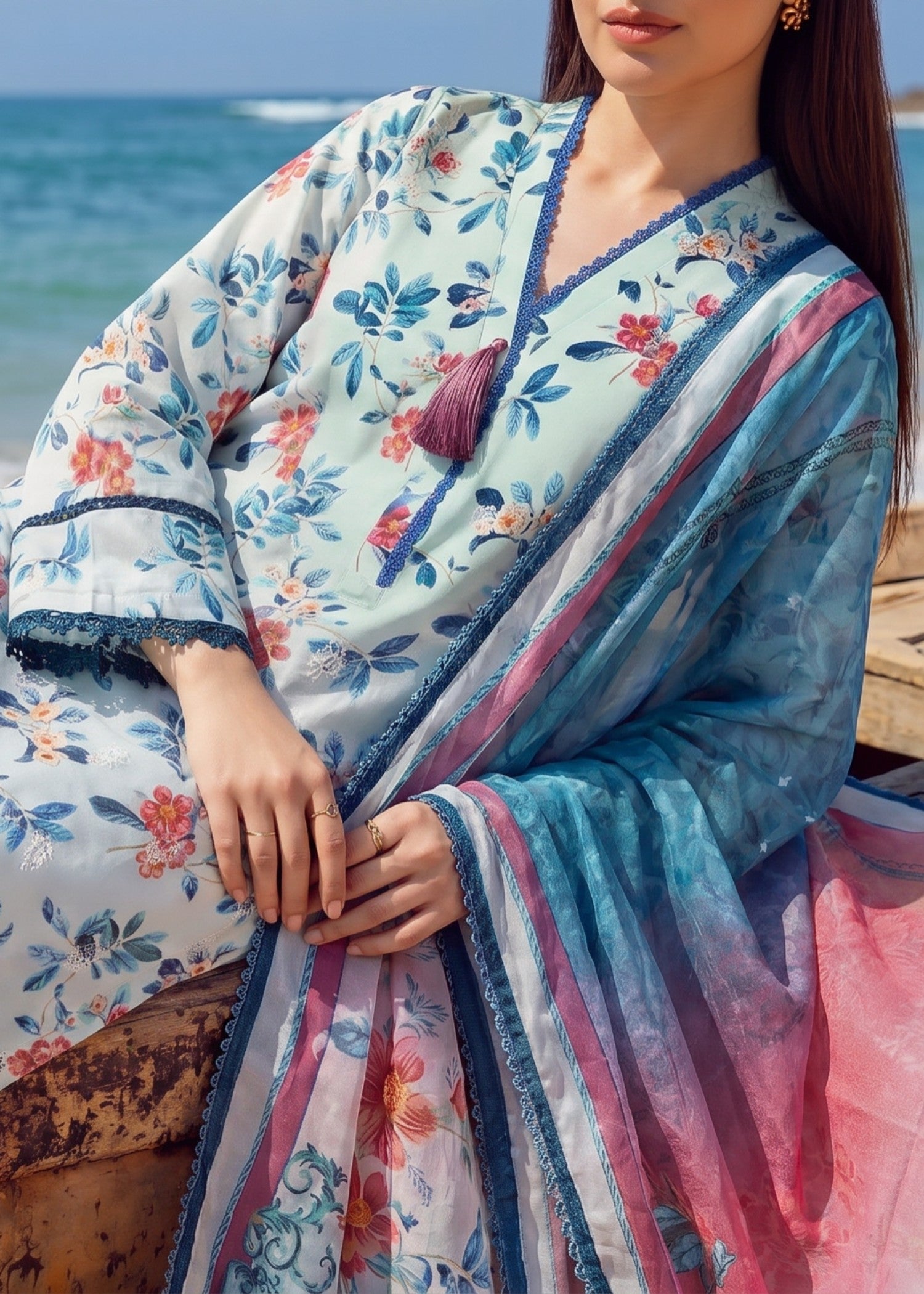 lawn Kurta Set in Powder blue