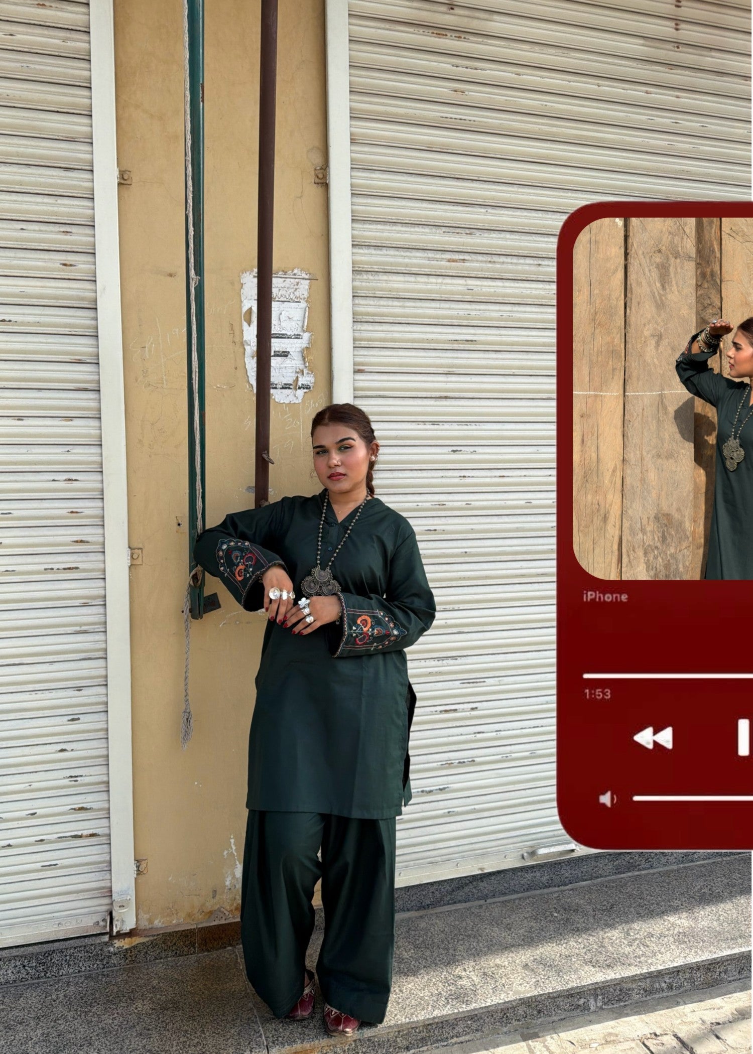 twill khaddar Kurta Set in Dark green
