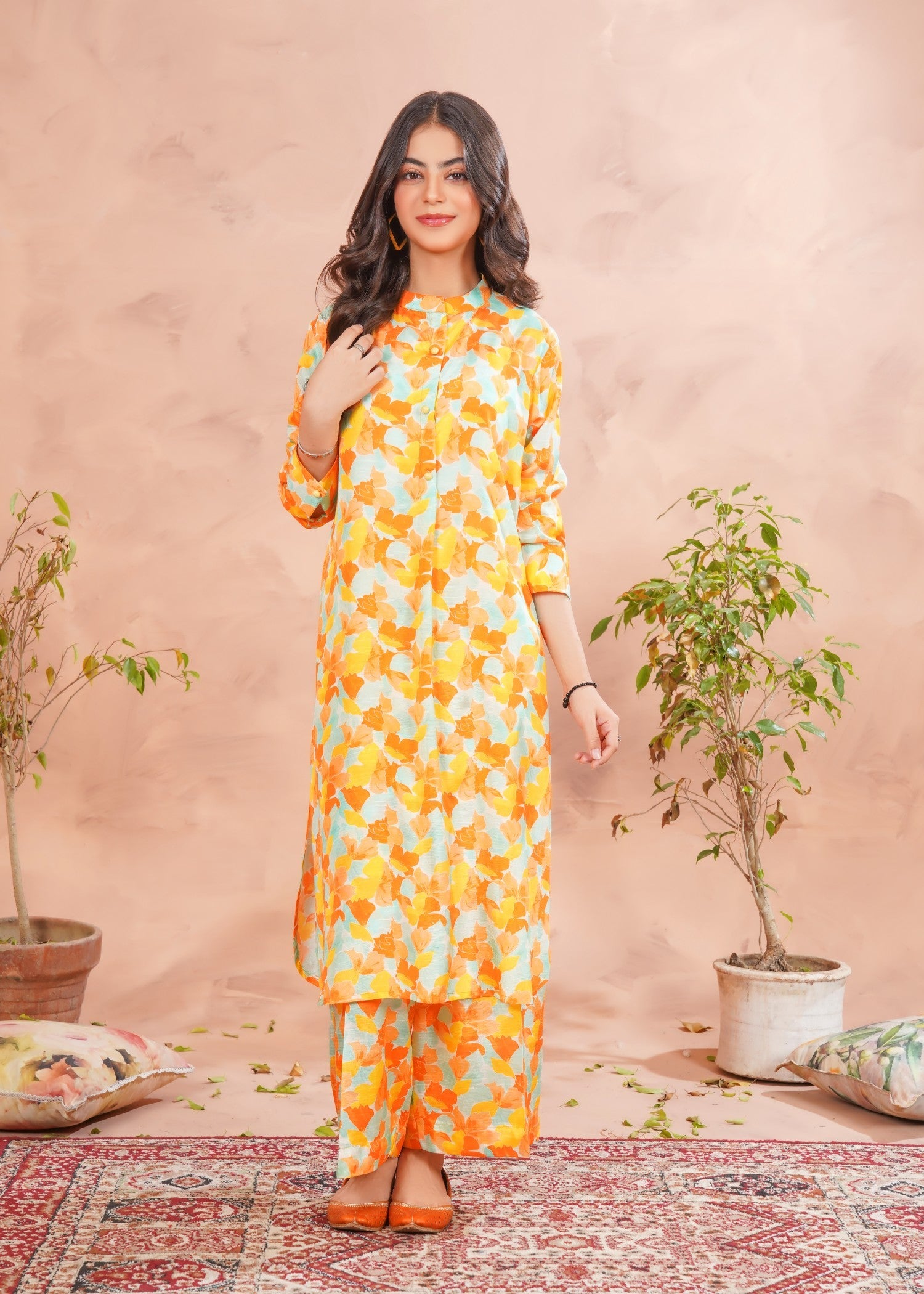 raw silk Kurta Set in Multi, bright orange, yellow-orange