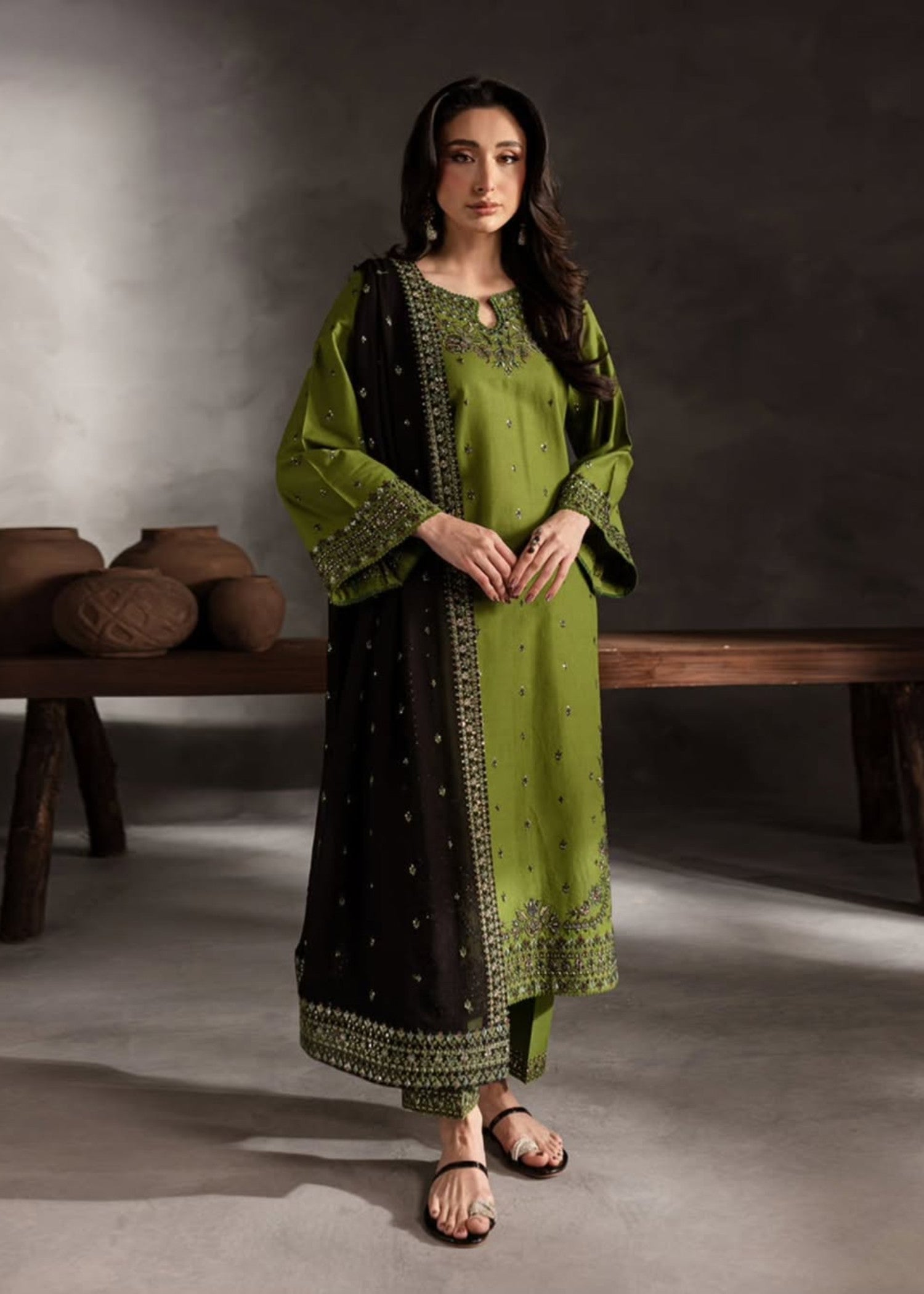 linen Kurta Set in Olive green