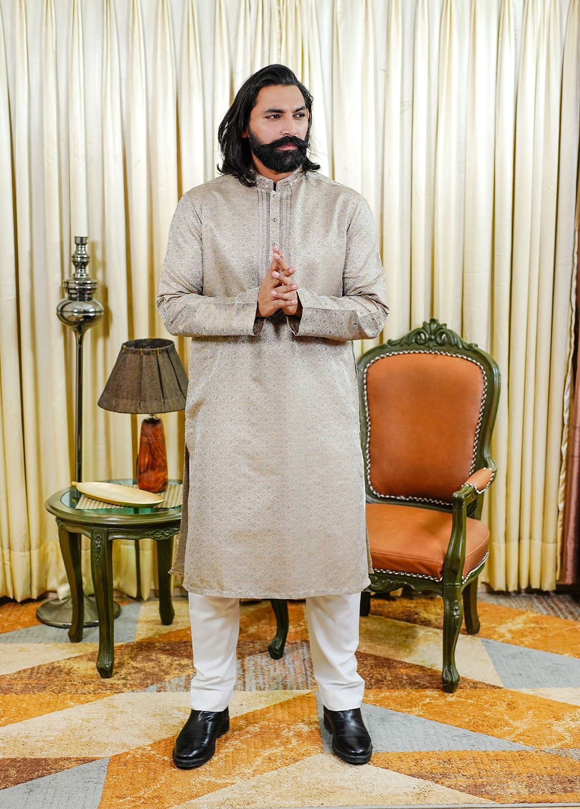 traditional jamawar Kurta in Beige
