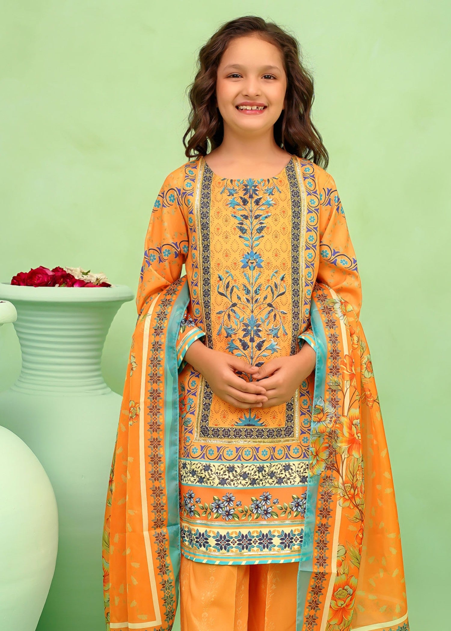 poly lawn Kurta Set in Yellow-orange