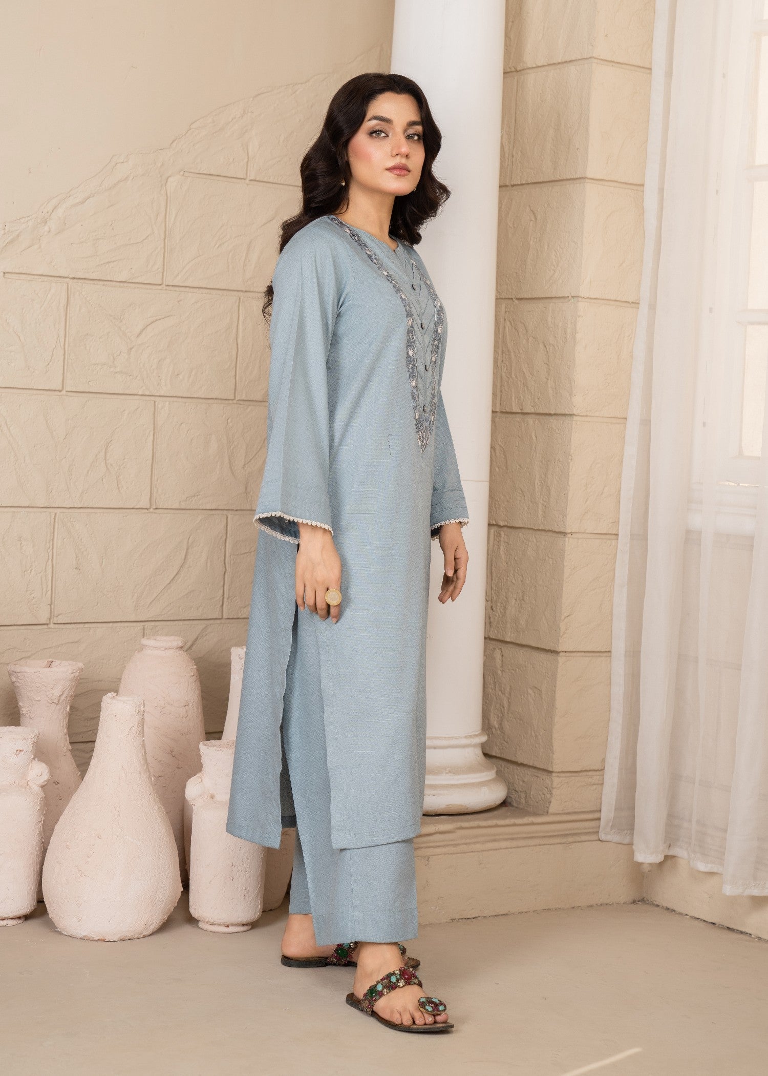 slub cambric Kurta Set in Frost blue