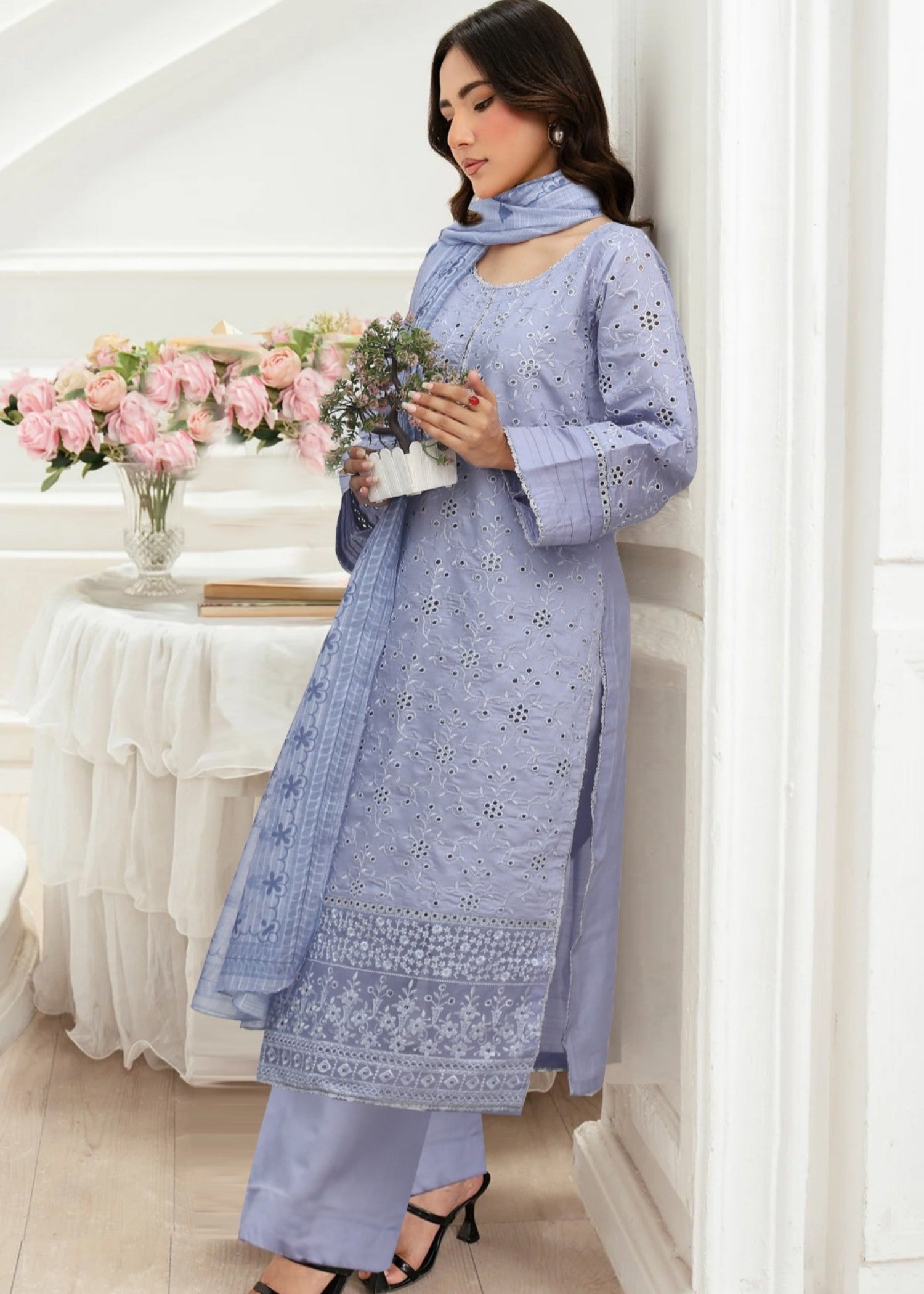 cotton net Kurta Set in Duck egg grey