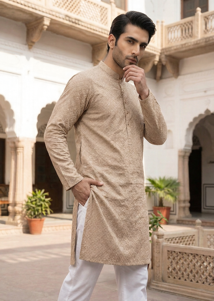 chikankari cotton Kurta in Camel brown