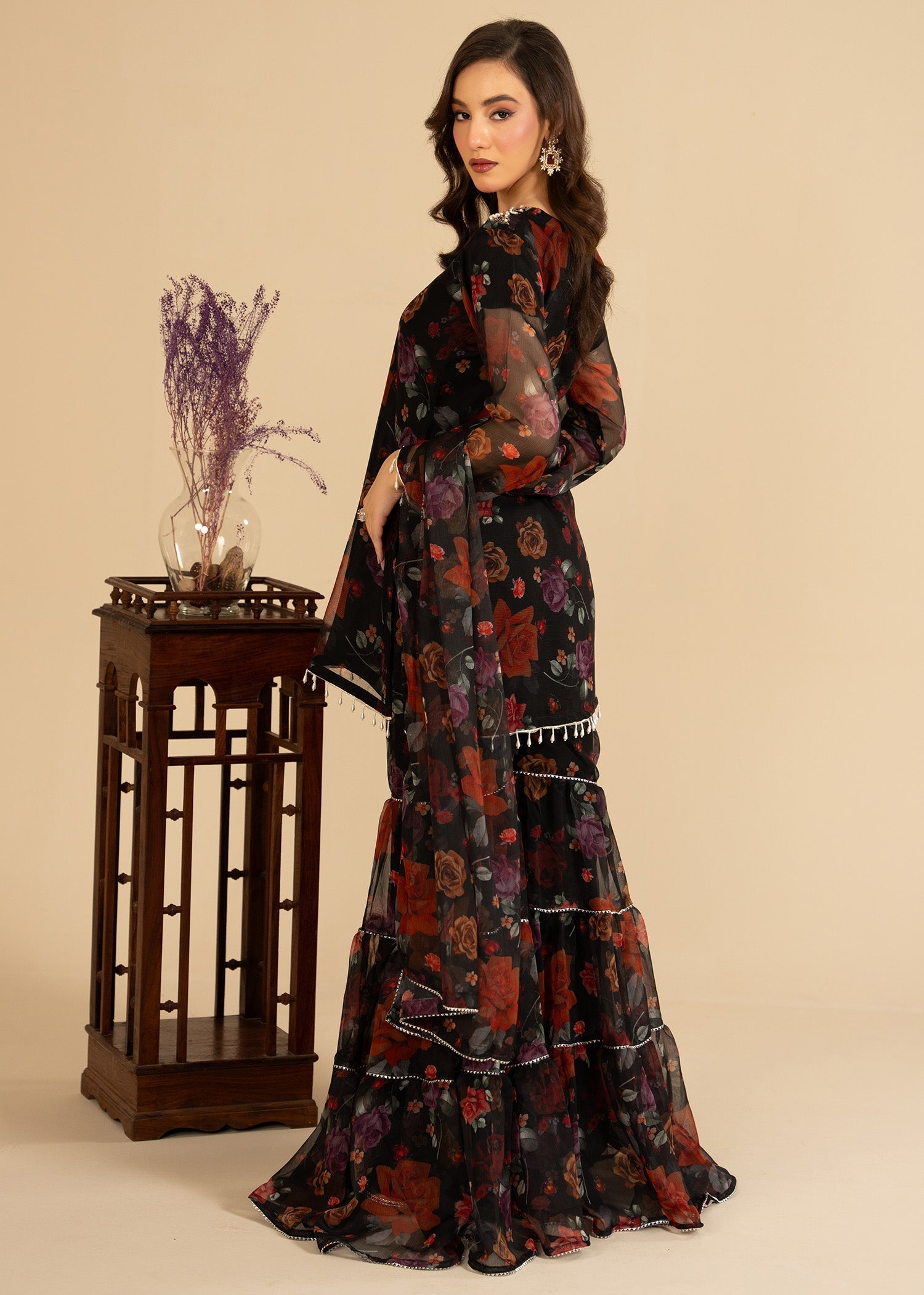 bemberg crinkle chiffon Gharara in Black