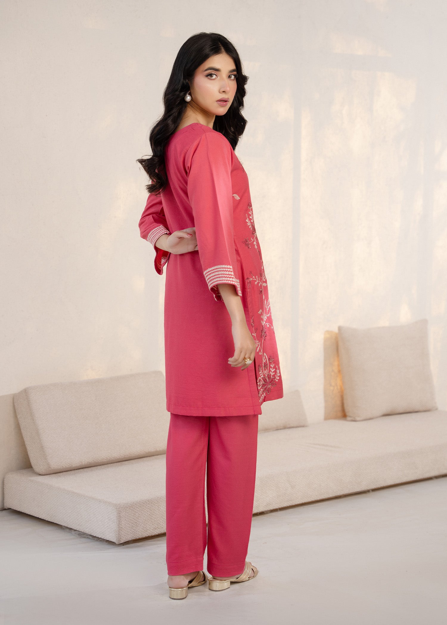 wool viscose Kurta Set in Shocking pink