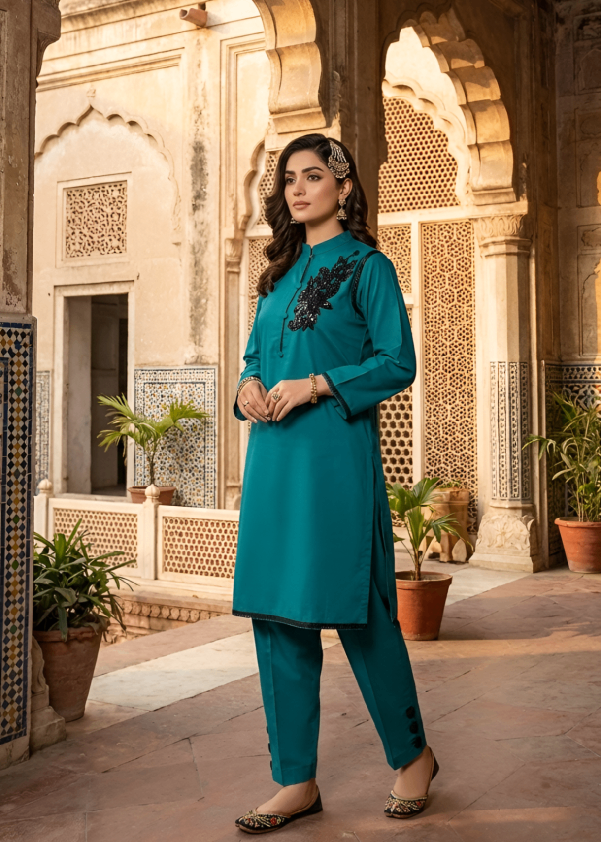 khaddar Kurta Set in Sea green