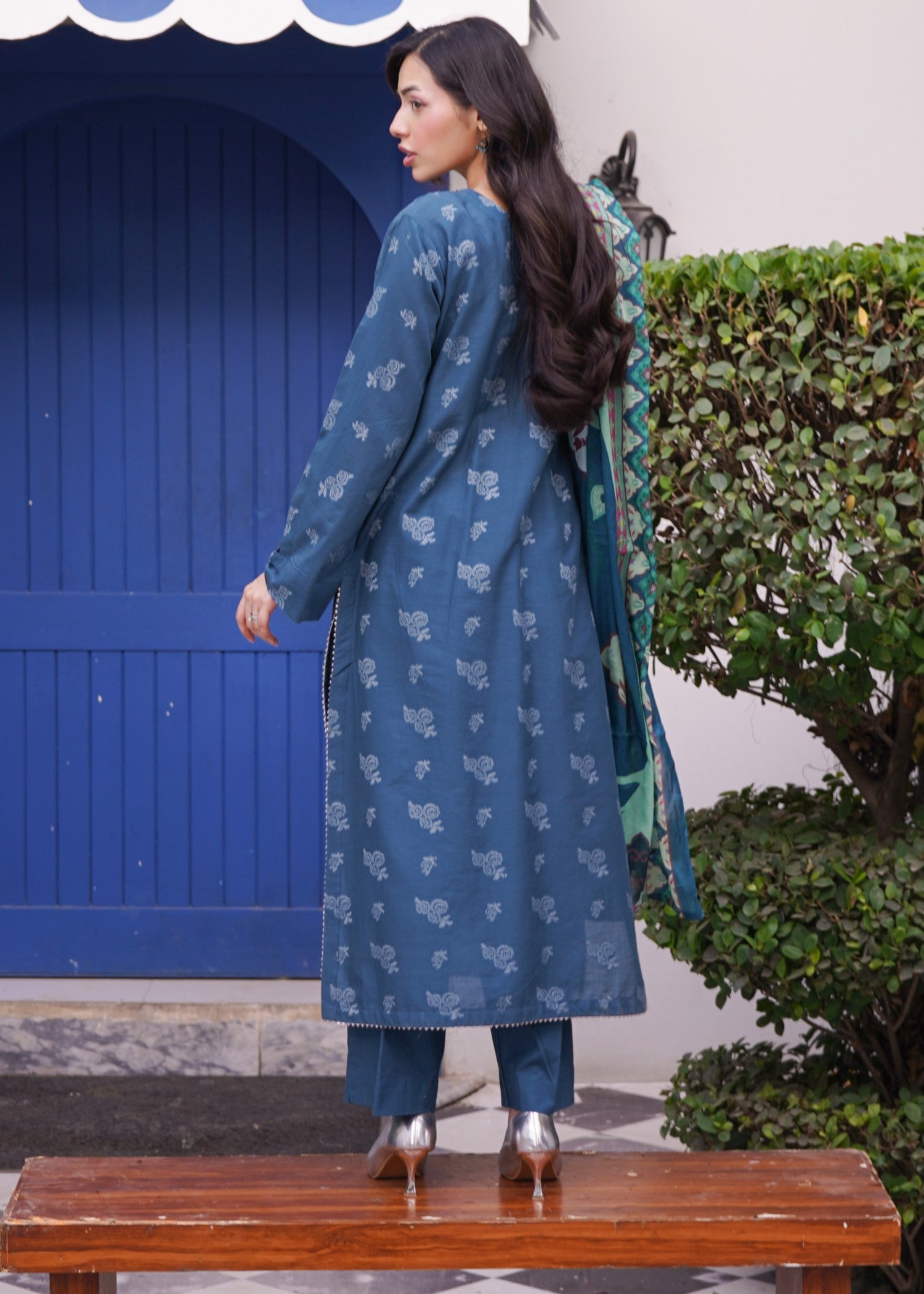jacquard Kurta Set in Sapphire blue