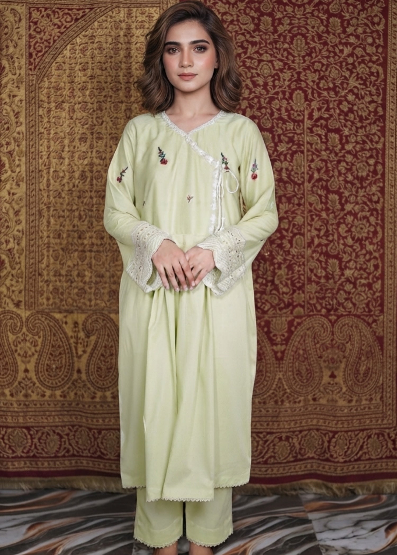 lawn Angrakha in Pistachio green