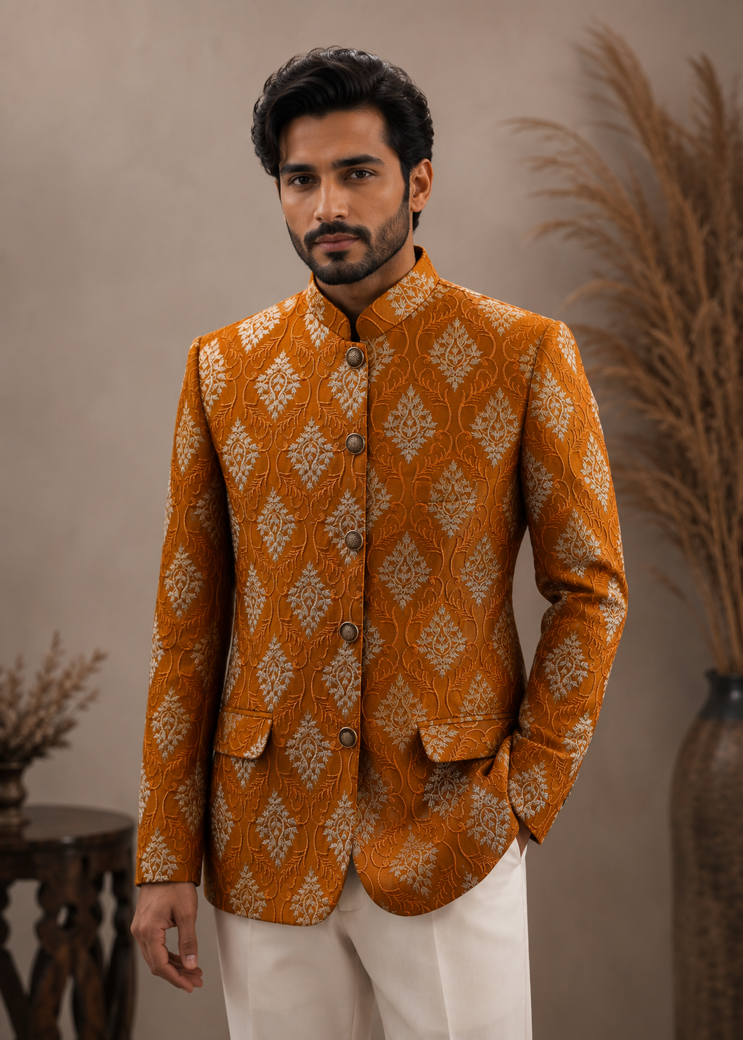 raw silk Prince Coat in Rust orange