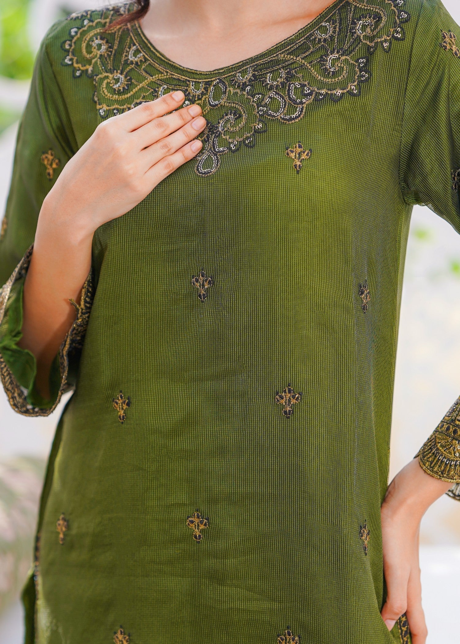 khaddi net Kurta Set in Olive green