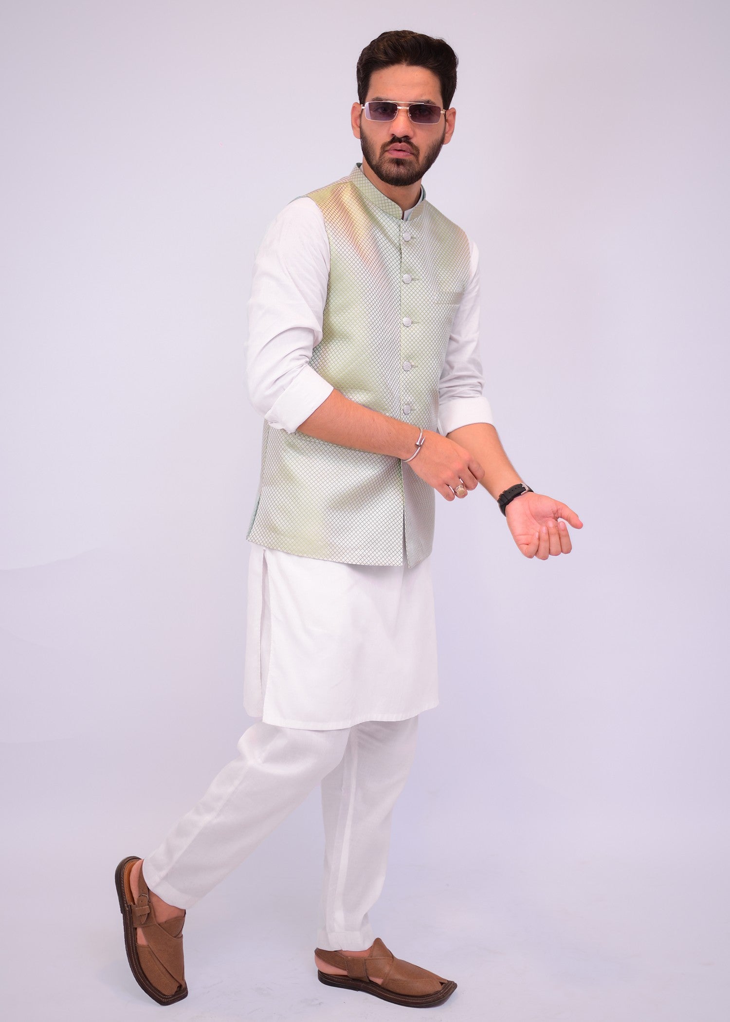 jamawar Waistcoat in Pastel green