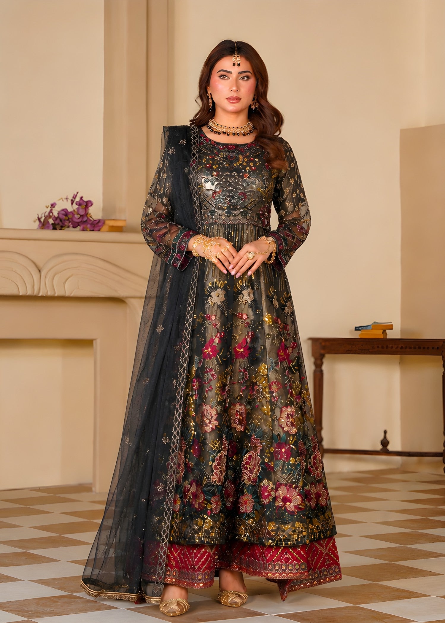zari organza Maxi in Black, blood red, gold