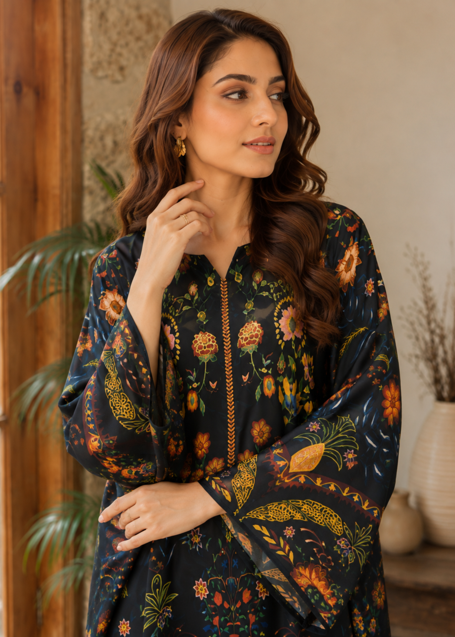 silk charmeuse Kaftan in Black