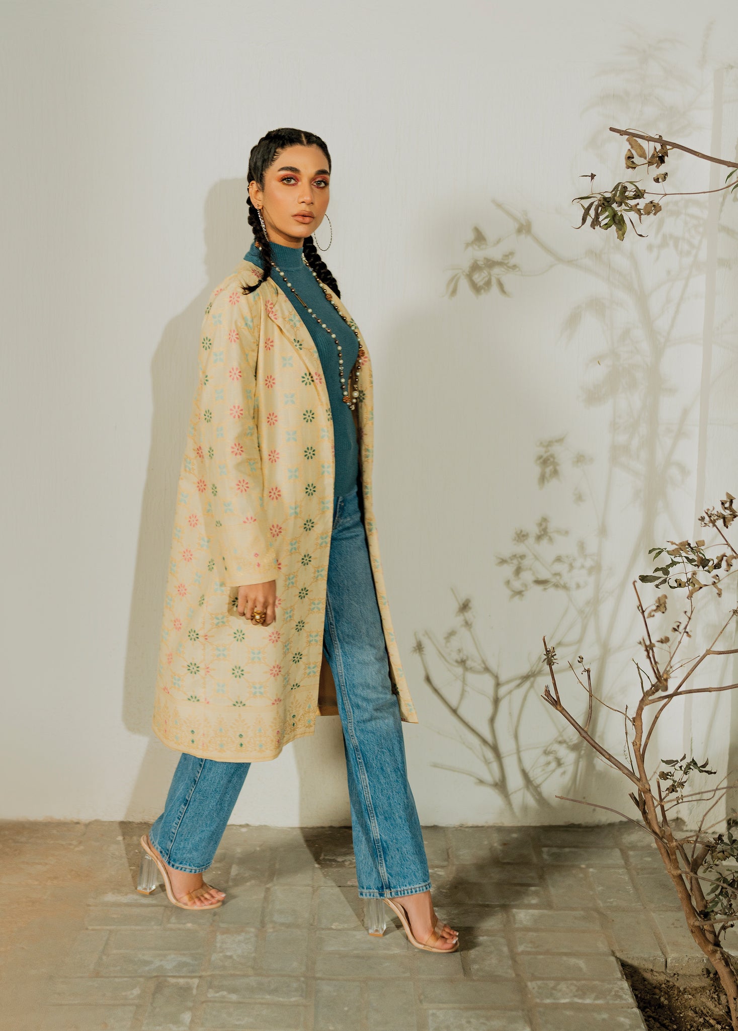 slub khaddar Jacket in Cream