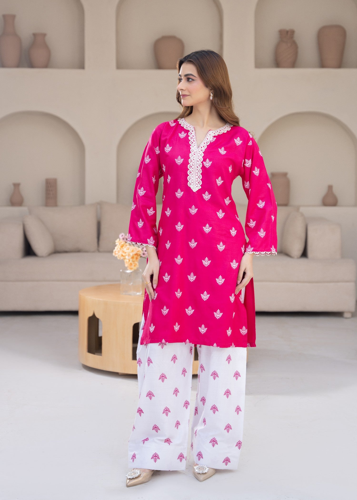 linen Kurta Set in White, hot pink red