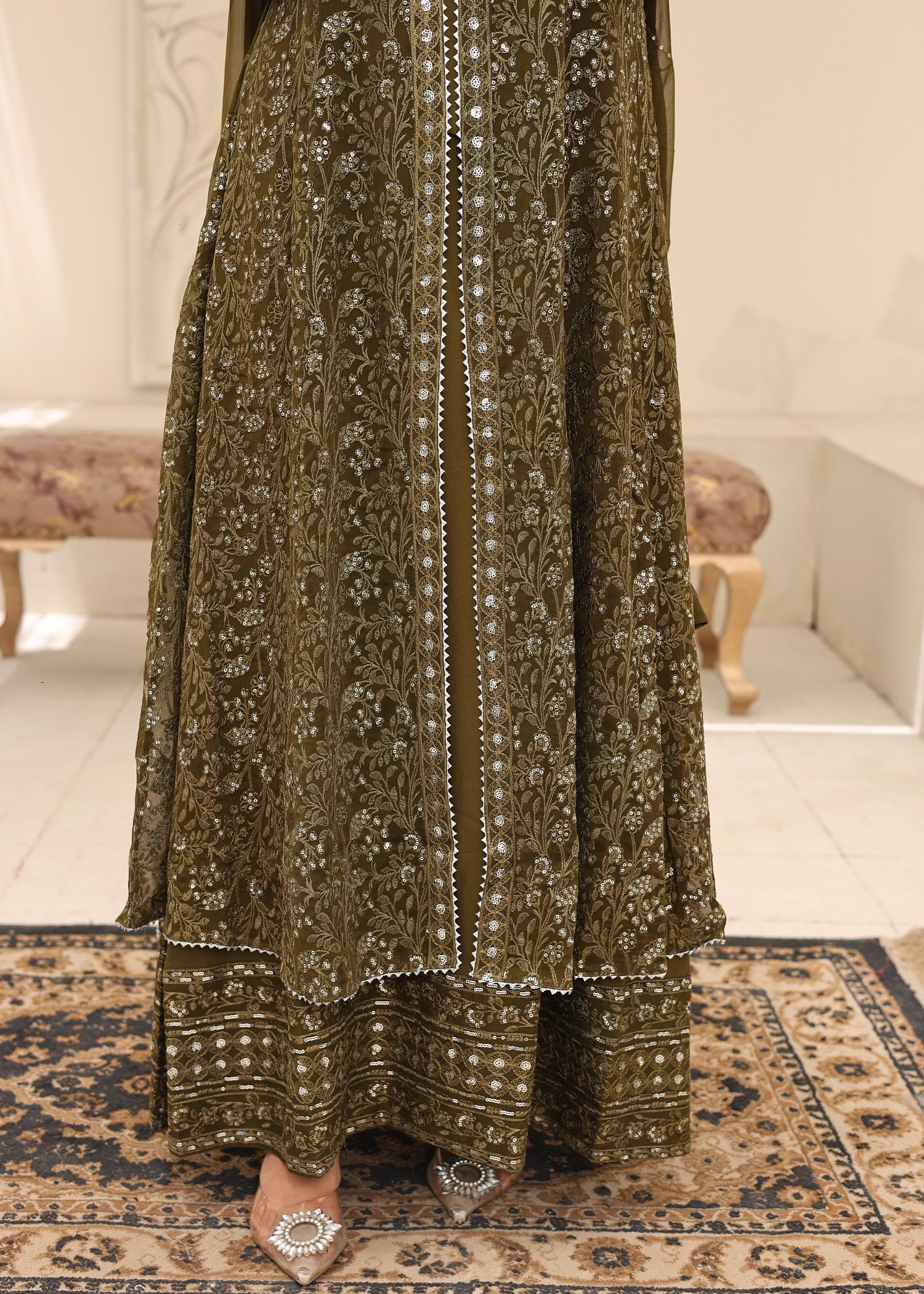 bemberg crinkle chiffon Maxi in Olive green