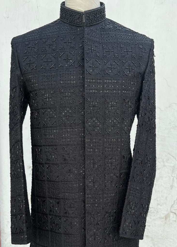 silk Sherwani in Black, jet black