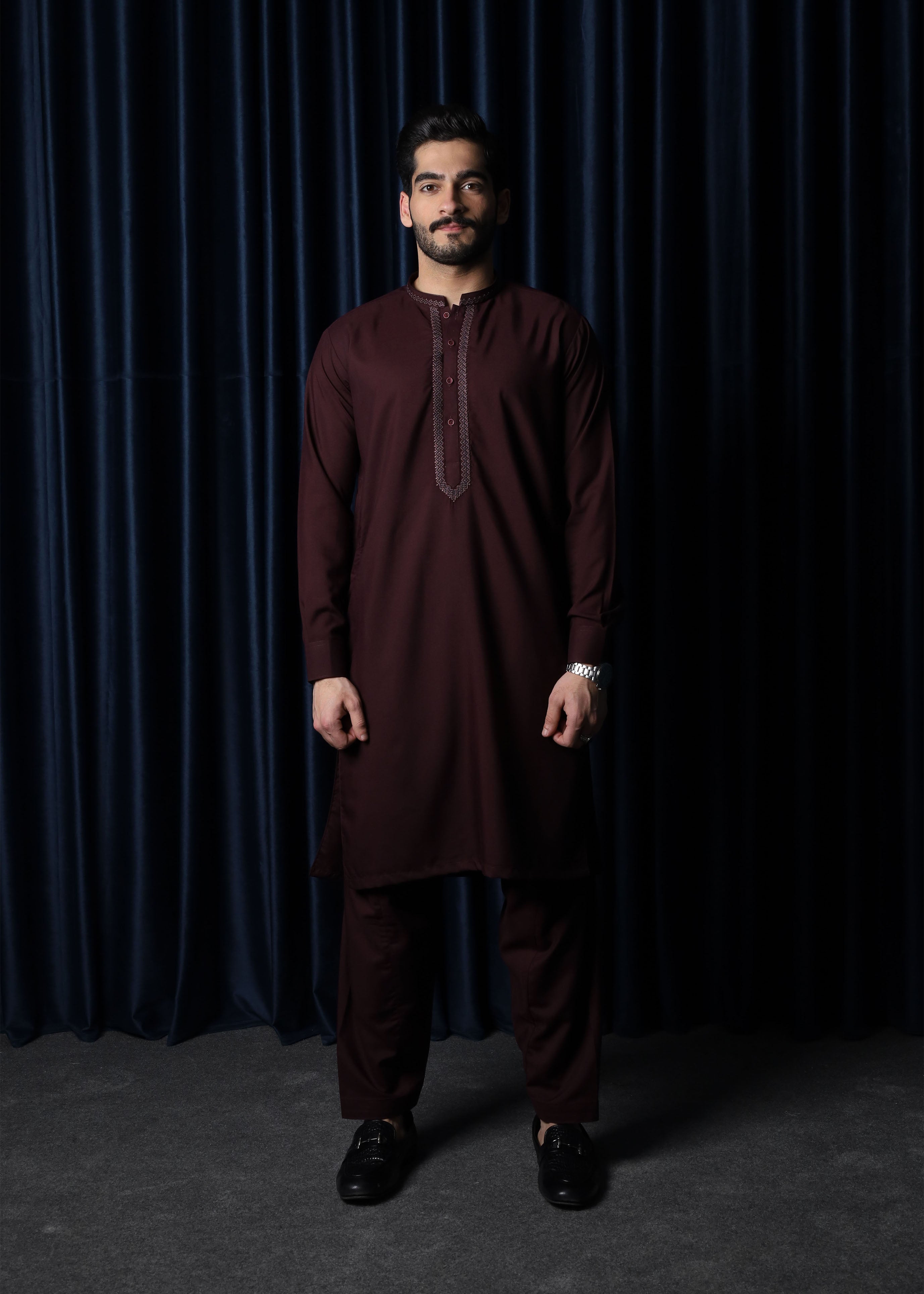 wash & wear Shalwar Kameez in Maroon by Mazham