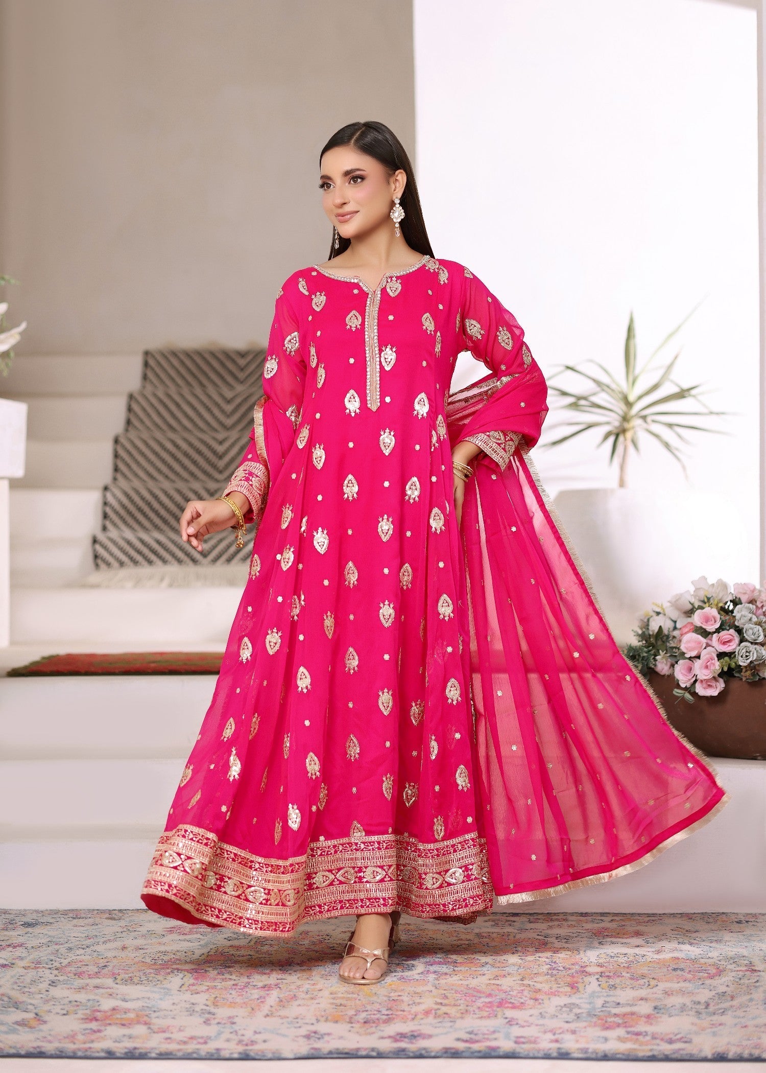 chiffon Pishwas in Vivid pink