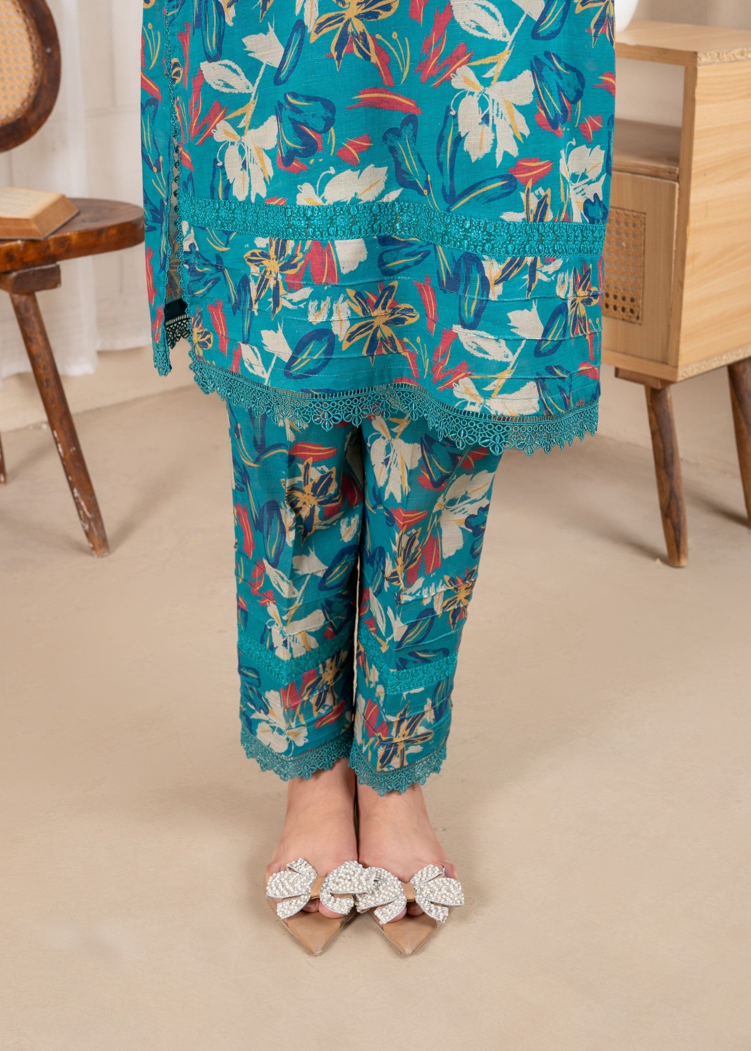 lawn Kurta Set in Bondi blue