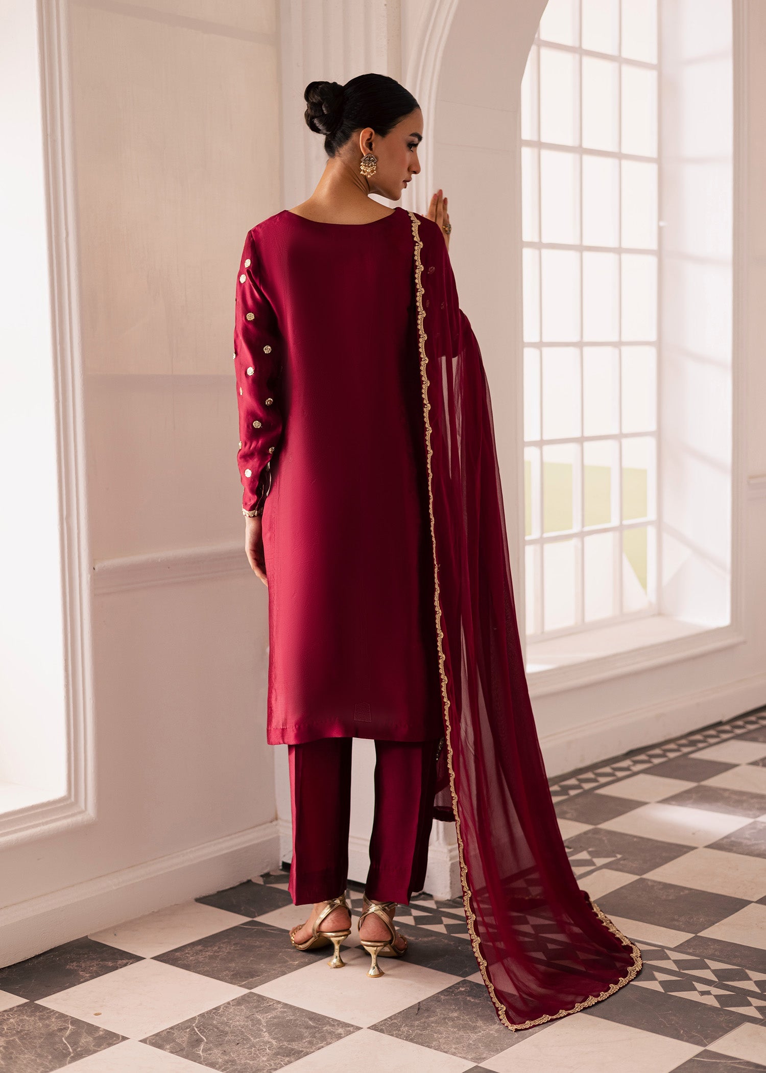 thai silk Kurta Set in Burgundy
