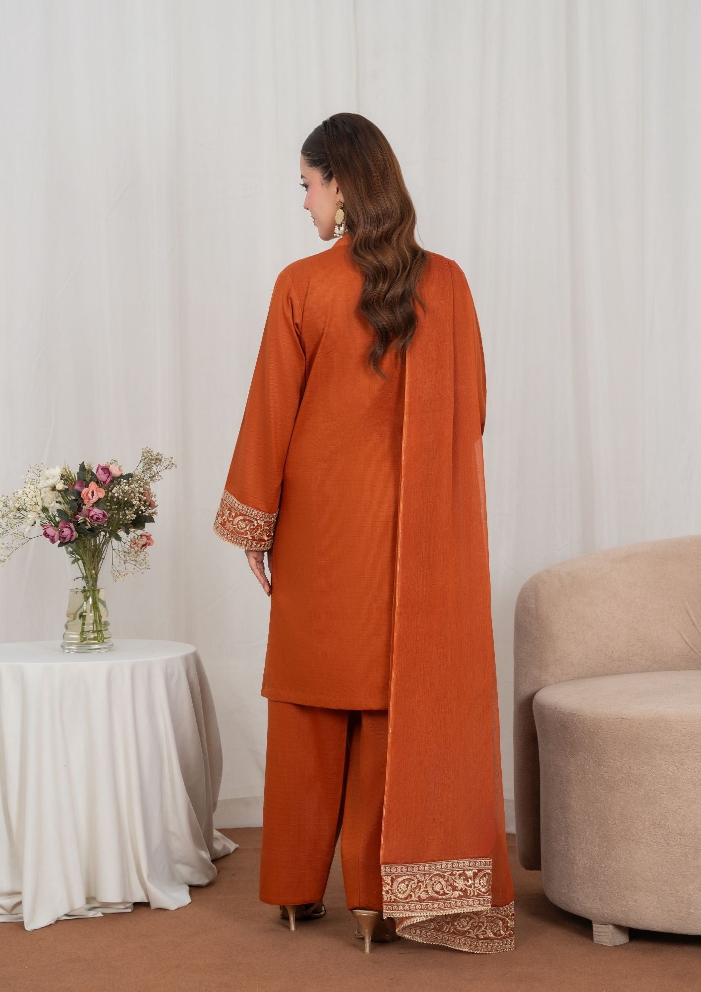 lawn Kurta Set in Rust orange