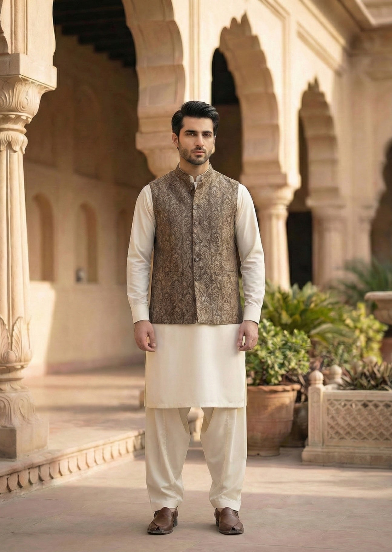 jamawar jacquard Waistcoat in Brown