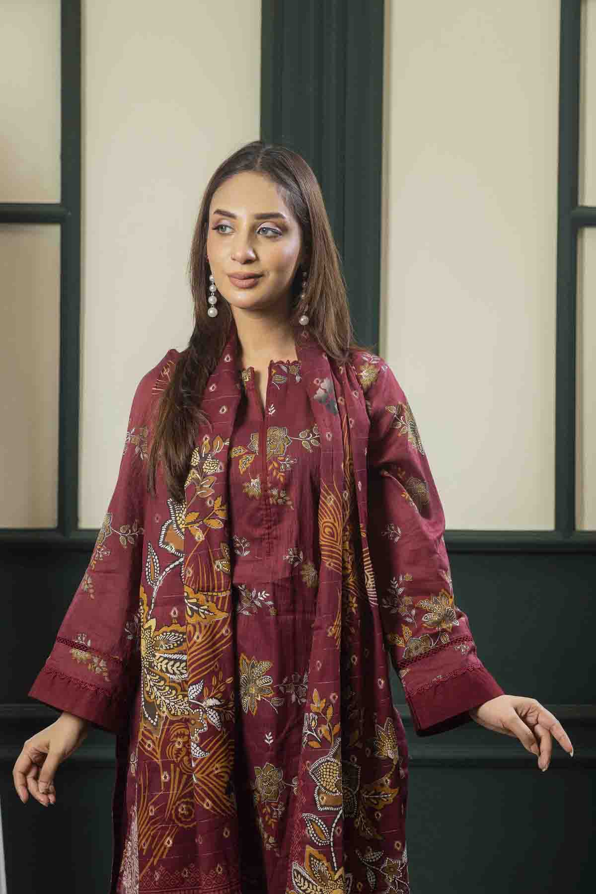 lawn voile Kurta Set in Tan brown