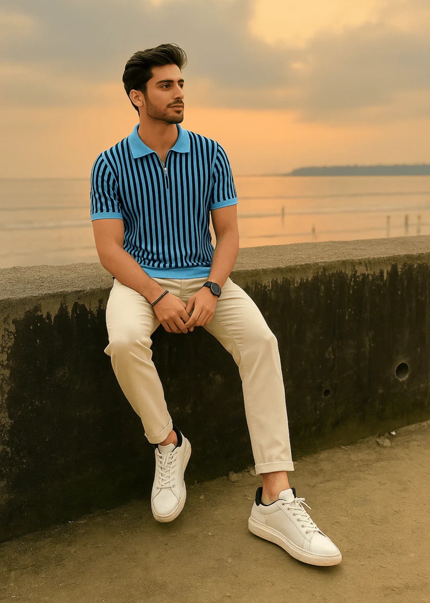 cotton Polo Shirt in Black, sky blue