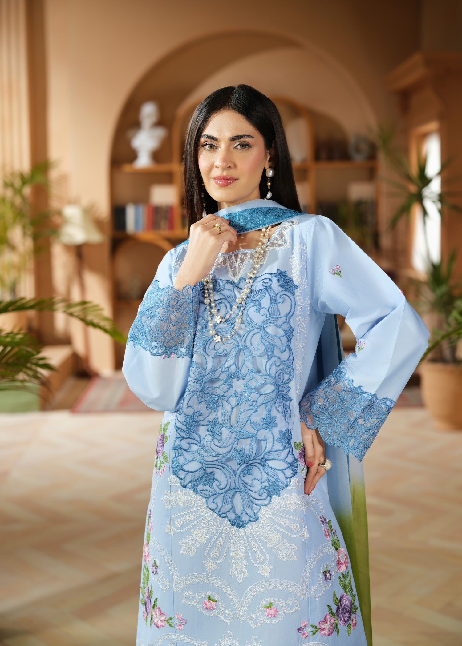 cambric cotton Kurta Set in Sky blue