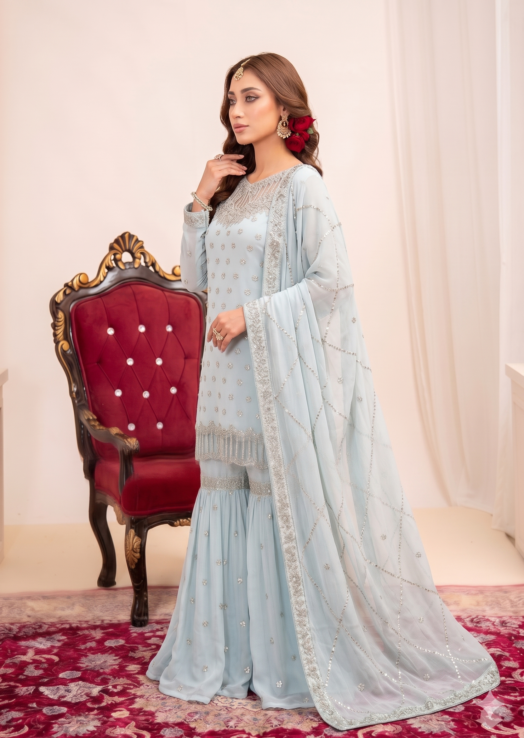 bemberg crinkle chiffon Gharara in Light blue