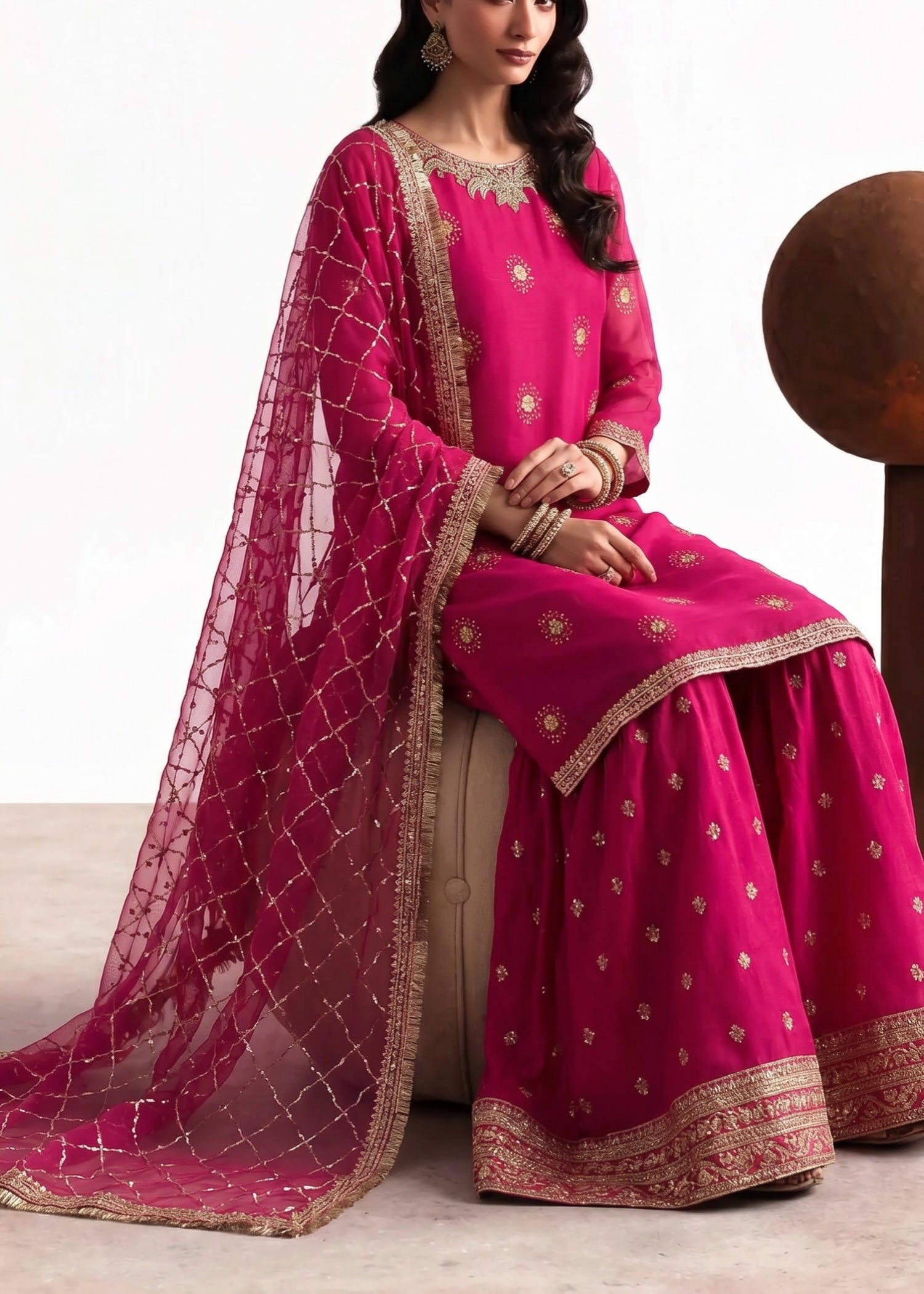 chiffon Gharara in Hot pink