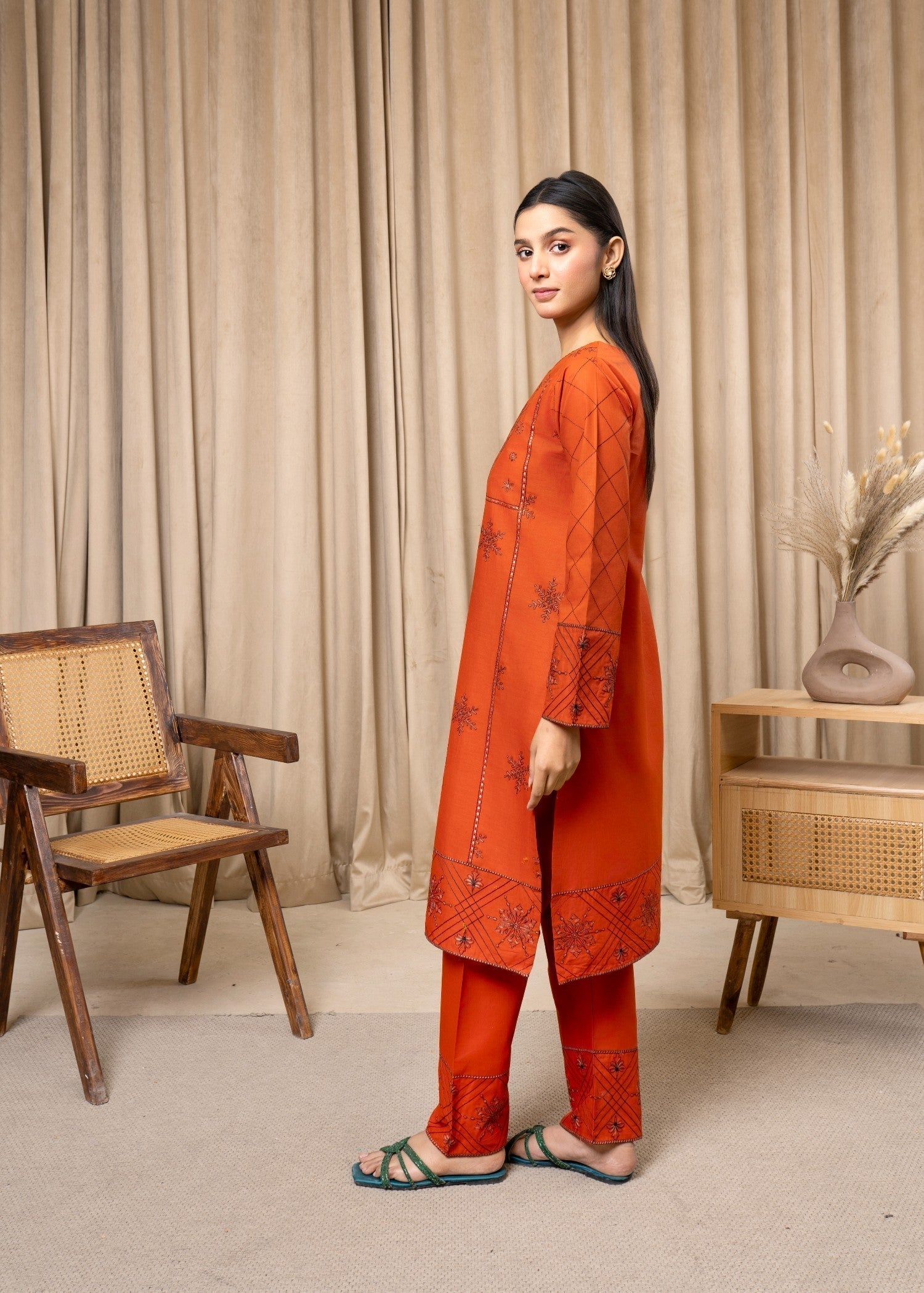 cotton Kurta Set in Pumpkin orange