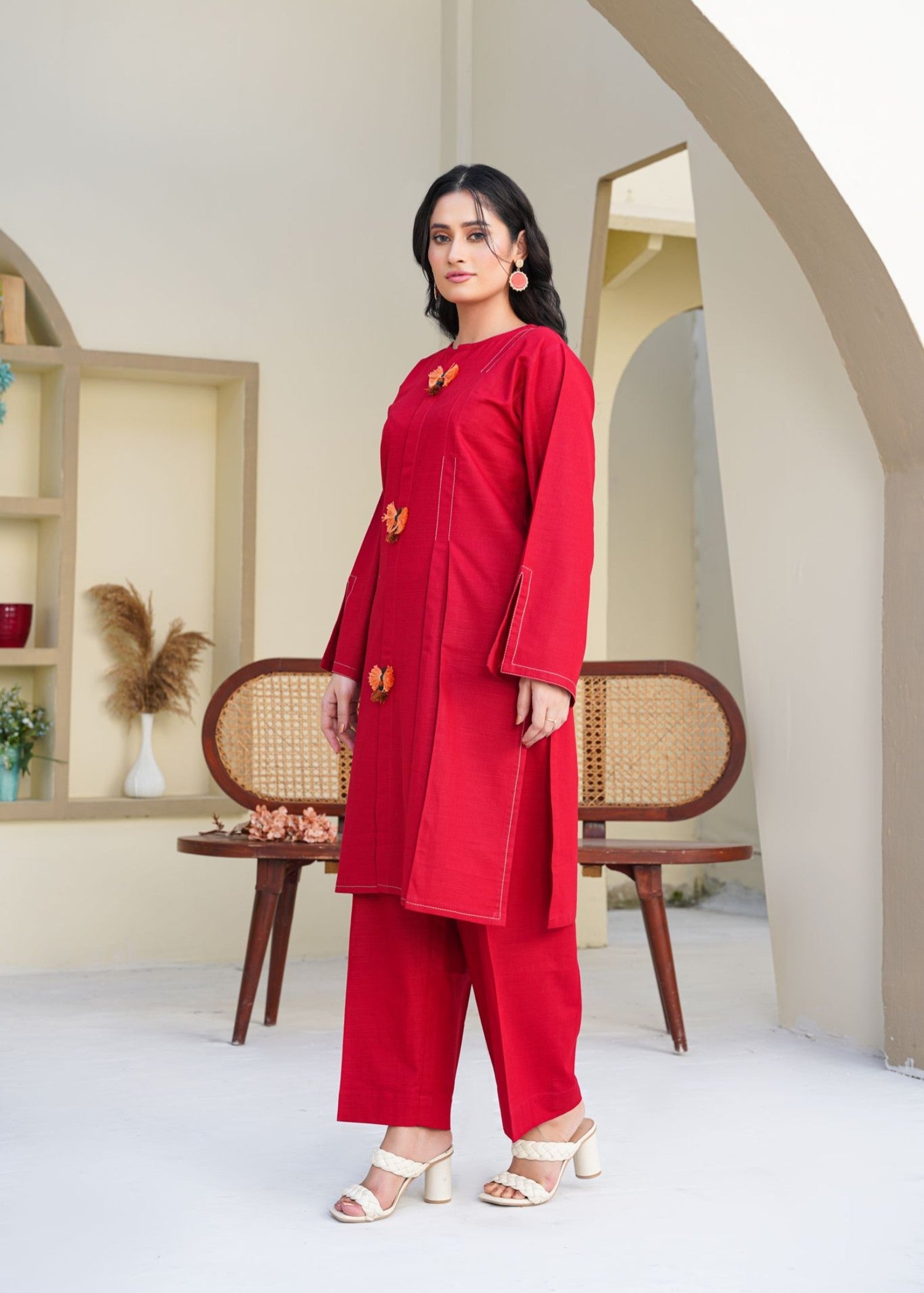 slub khaddar Kurta Set in Crimson