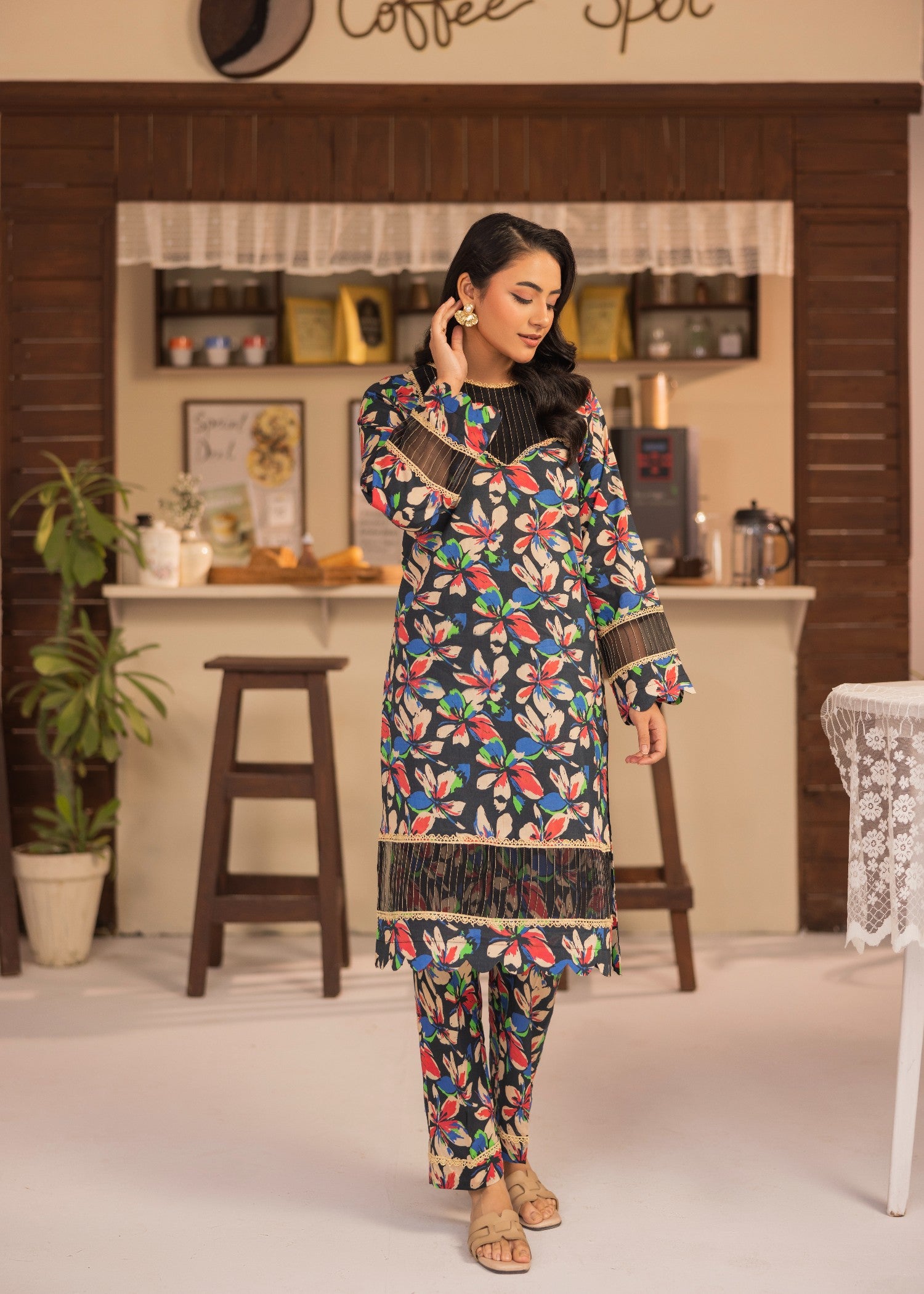 lawn Co Ord Sets in Charcoal black, tomato red, pastel green