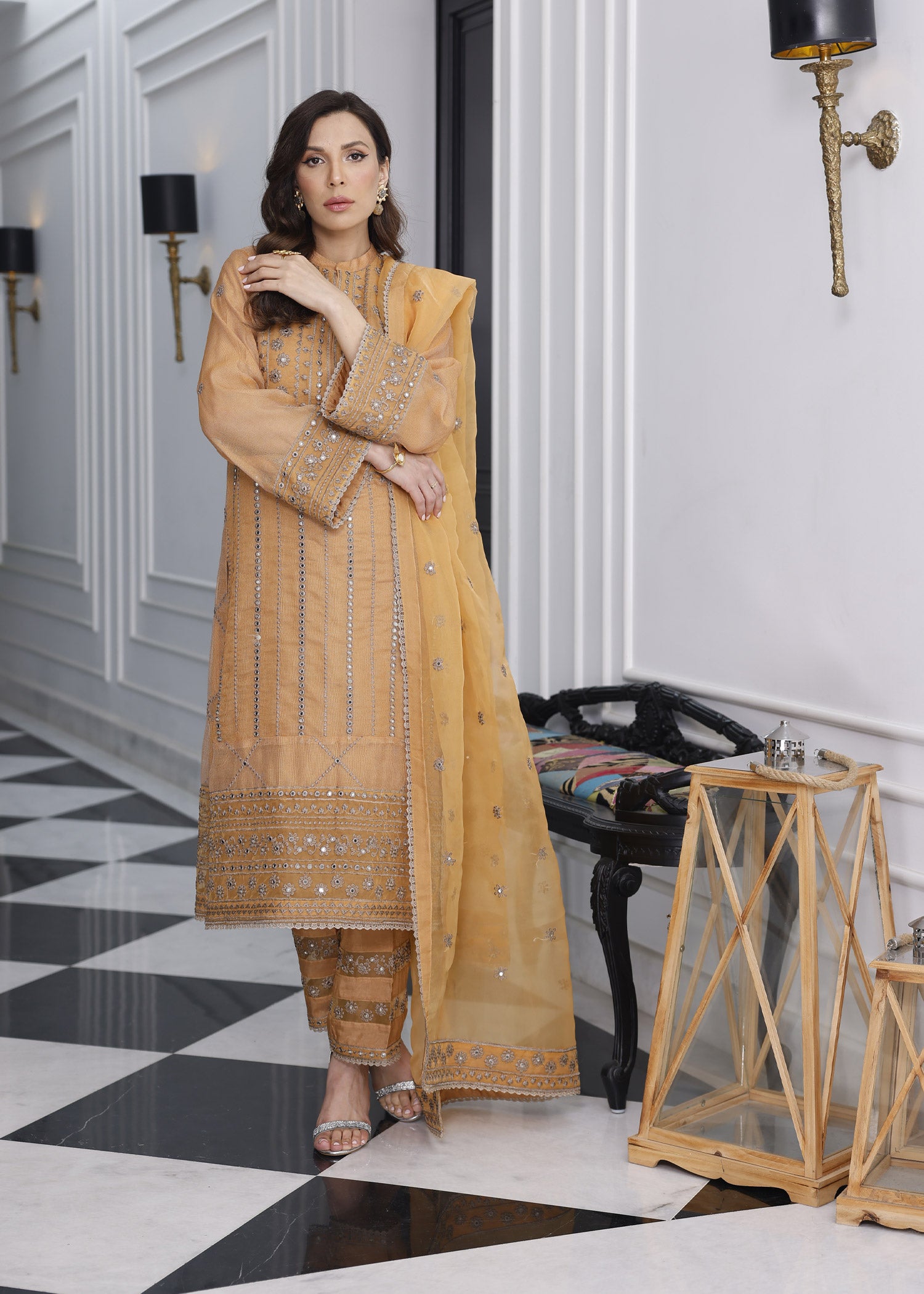 khaddi net Unstitched in Orange