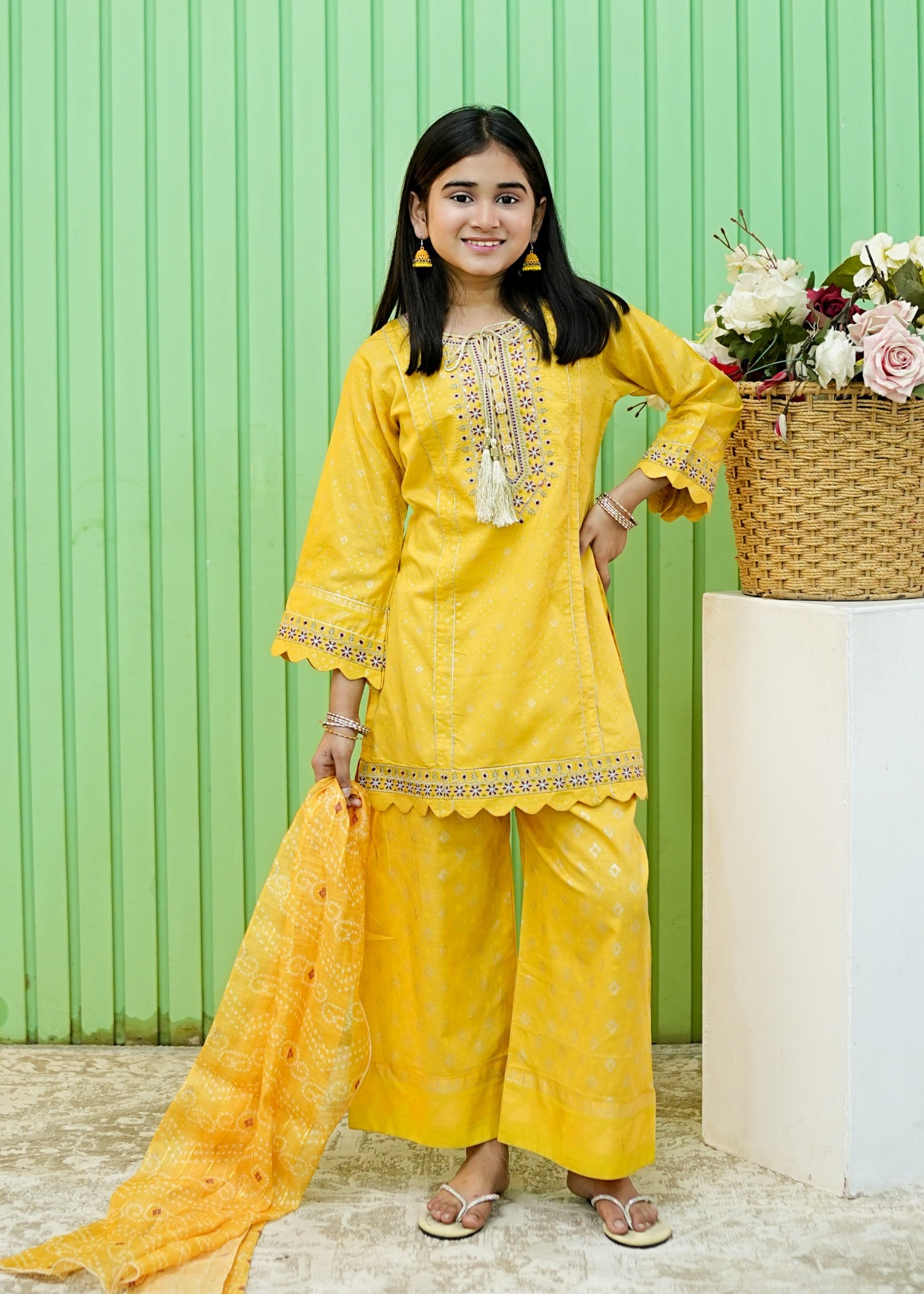 cotton jacquard Kurta Set in Yellow