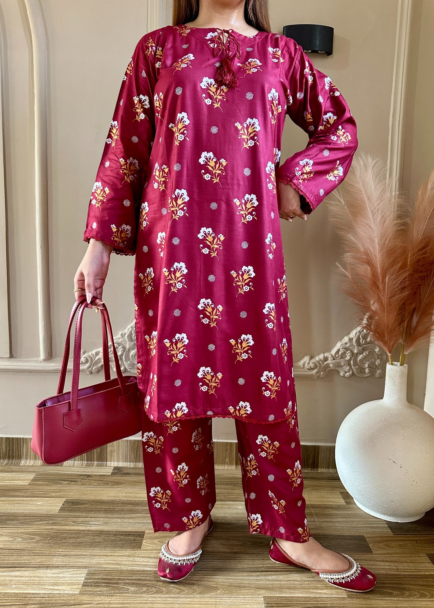 arabic lawn Co Ord Sets in Maroon