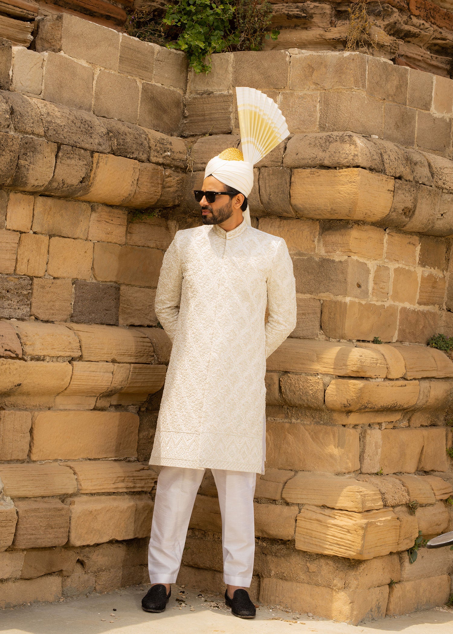 raw silk Sherwani in White