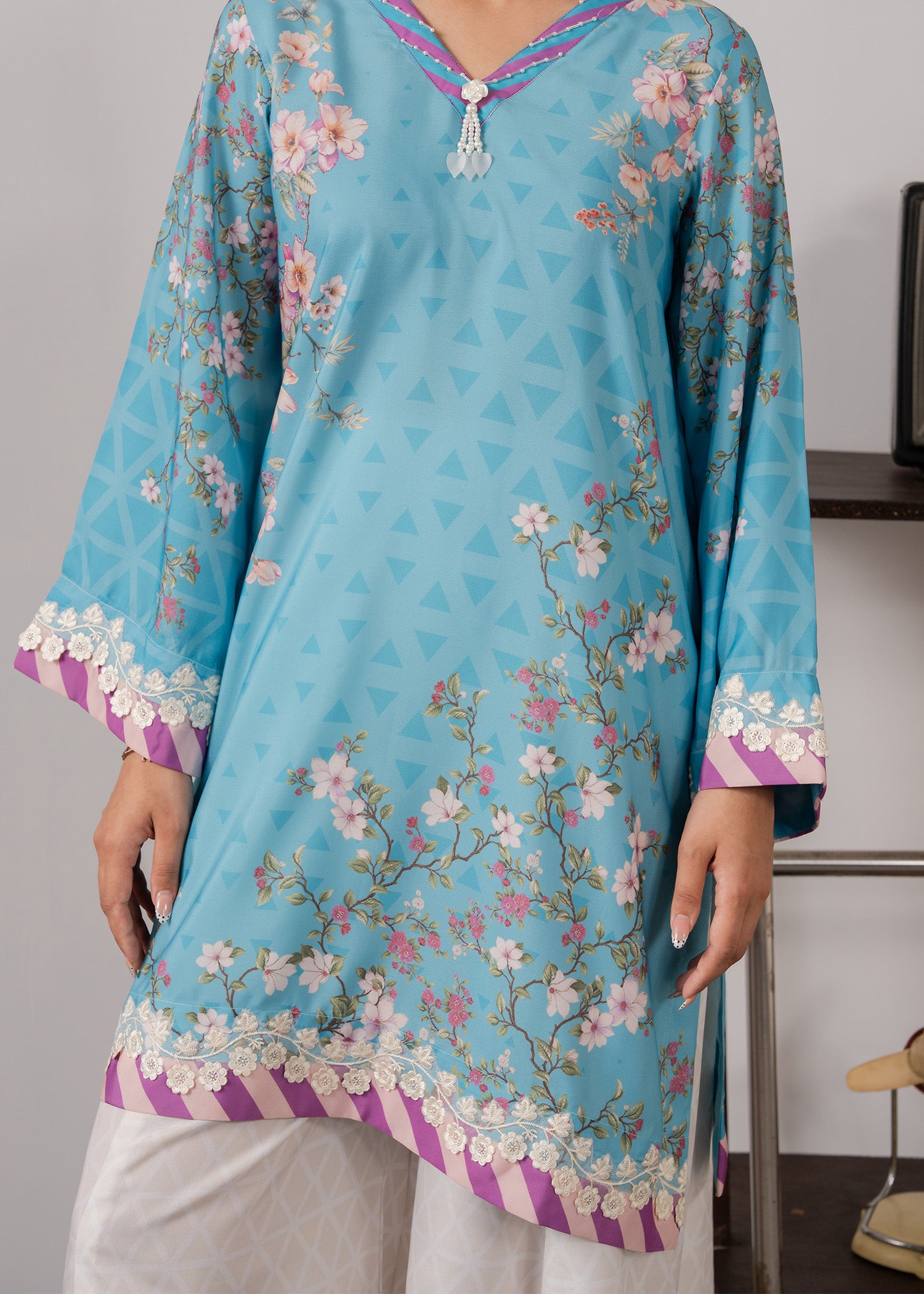 poly lawn Kurta Set in Sky blue