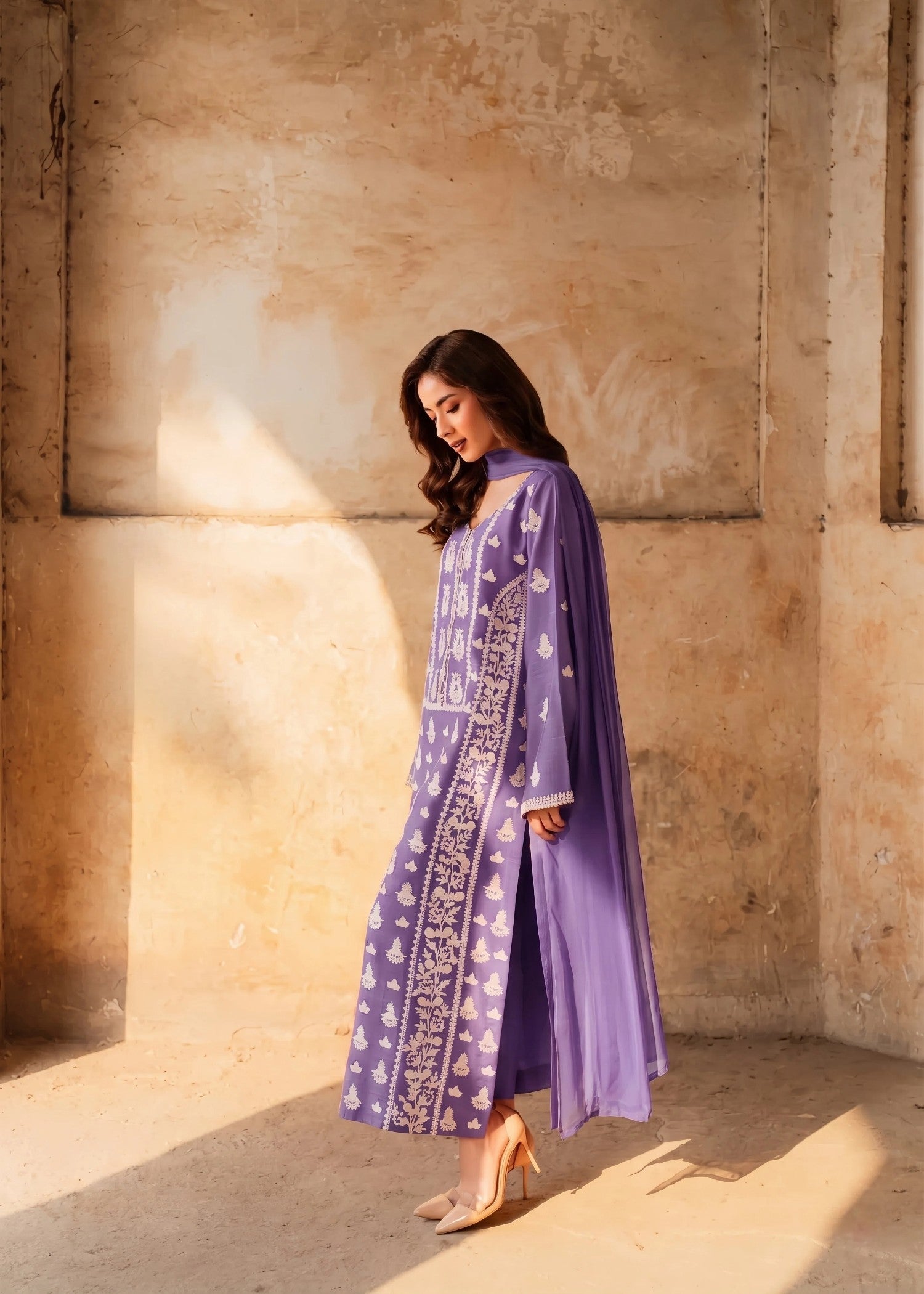 lawn cotton Kurta Set in Bright lavender